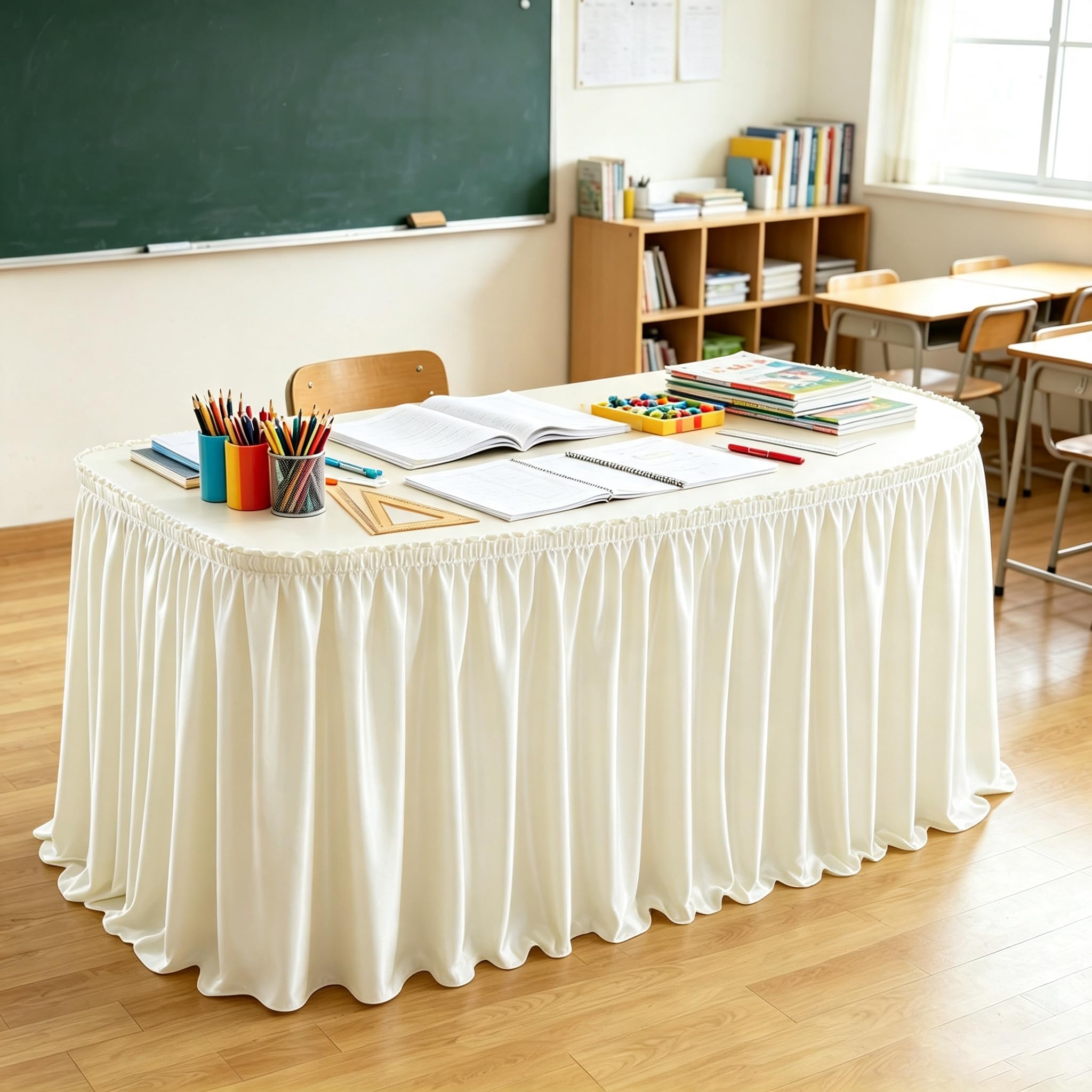 6ft Length Ivory Satin Table Skirt Rectangle Tables, Wrinkle Free Pleated Ruffle Table Skirting Desk Cover Skirt for Weddings Birthday Party Stage Banquet Dining Table Decorations