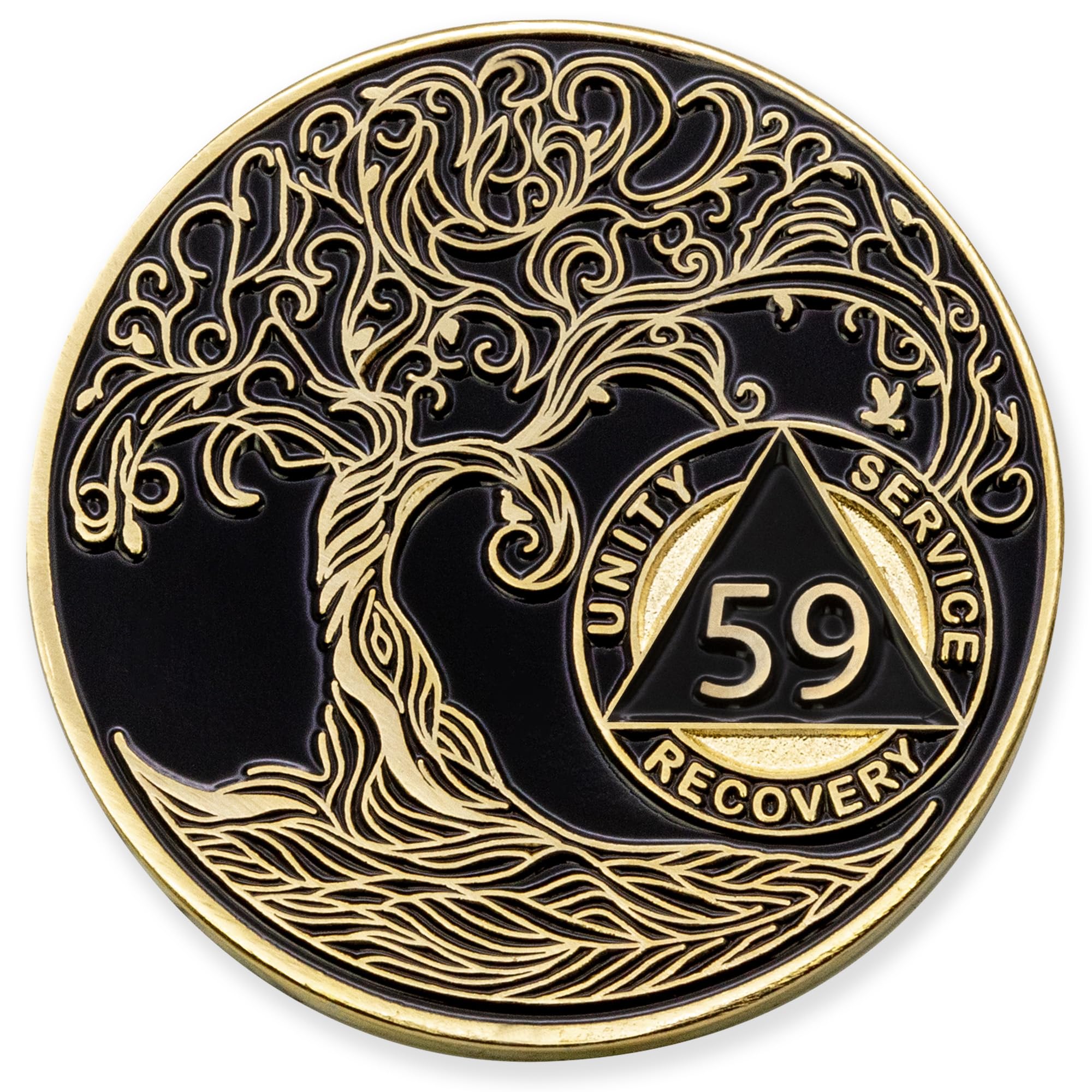 1 to 50 Year Twisted Tree of Life Sobriety Coin - Gold Plated AA Chips &amp; Medallions - 59 Year Sobriety Coin - Black