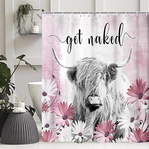 Miniatura 2 de Juego de cortinas de ducha divertidas de vaca de las tierras altas, cortinas de ducha divertidas para baño con diseño de vaca rústica, tela de