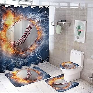 4Pcs Water Fire Baseball Shower Curtain Sets, Rug Toilet Lid Cover Bath Mat, Lightning Abstract Oil Painting Bathroom Shower Curtain with 12 Hooks, 72 x 72 Inch