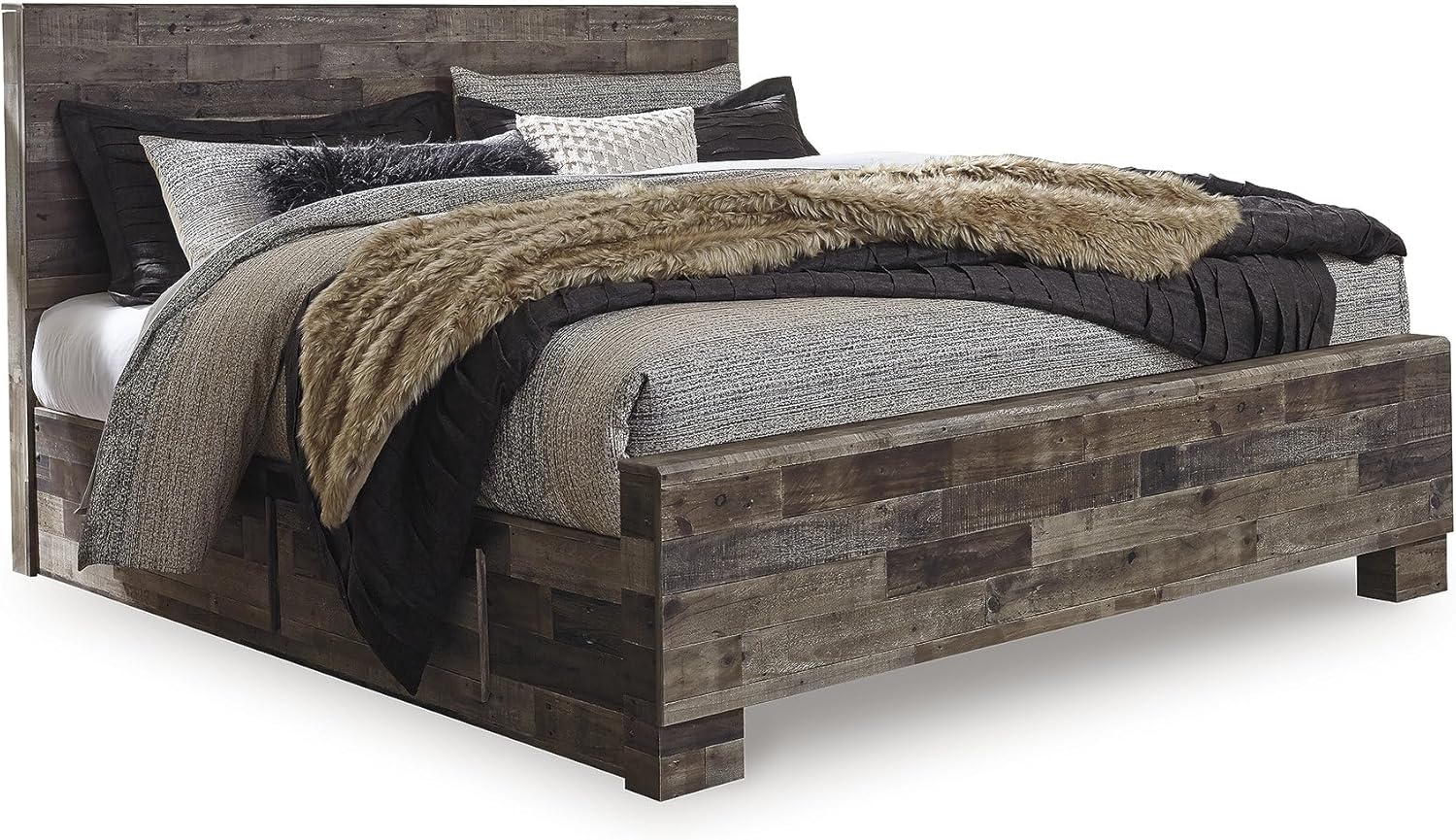 Signature Design by Ashley Derekson King Panel Storage Bedframe, Platform Bed Frame with Headboard and Four Drawers for Urban Bedrooms, Rustic Pine Look