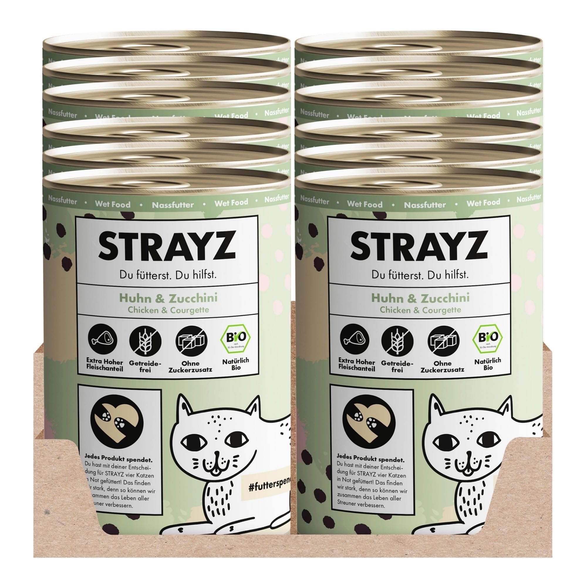 STRAYZ Bio Katzenfutter Nass – Huhn & Zucchini | 12x400g Dose | Nassfutter mit 95% Bio-Fleisch, getreidefrei & ohne Zucker, Monoprotein, ohne Bindemittel