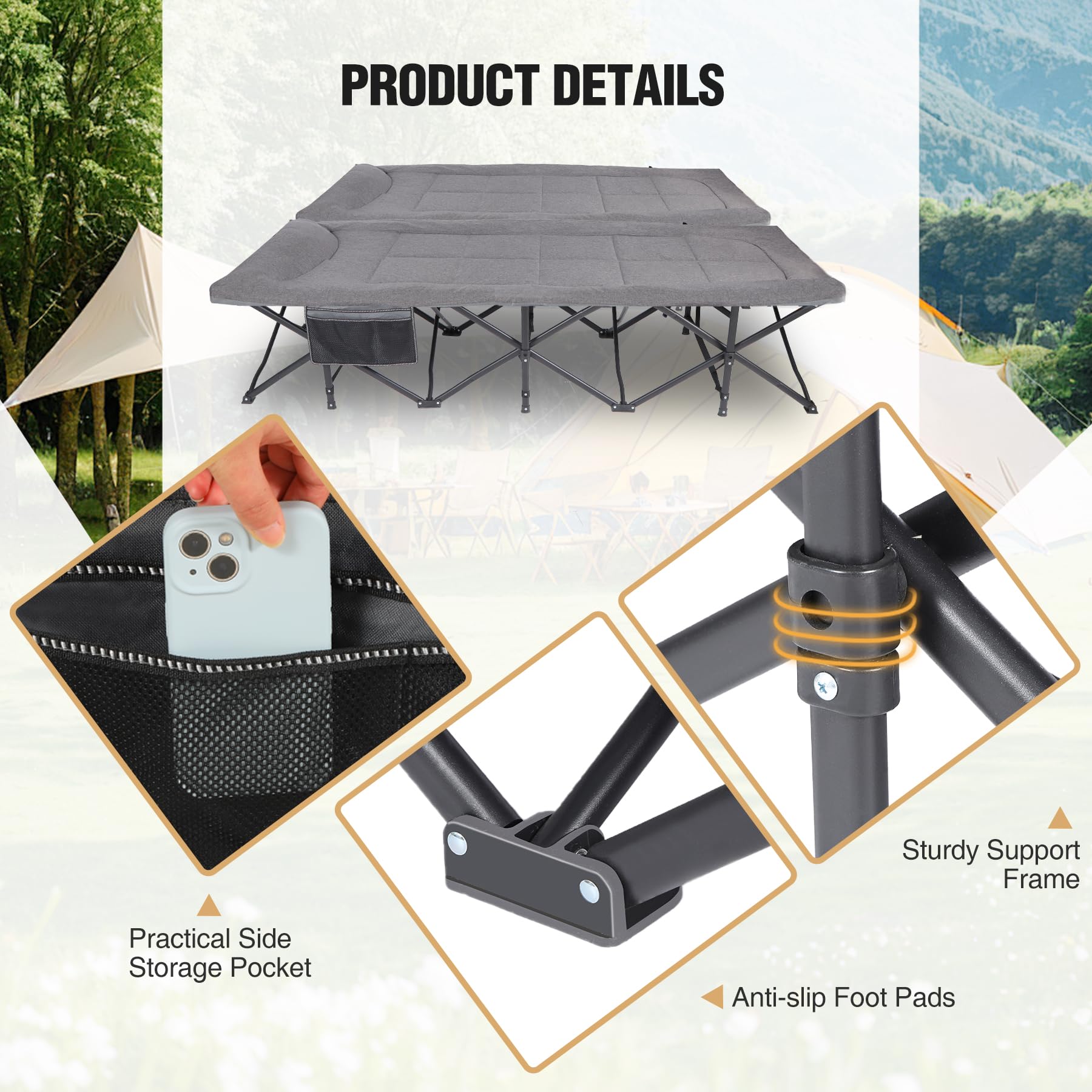 'REDCAMP Padded Folding Camping Beds for Adults, 28'' Extra Wide Heavy Duty Sturdy Camp Bed Portable, Strong Thicker Tubes Sleeping Cot Outdoor Travel Office'