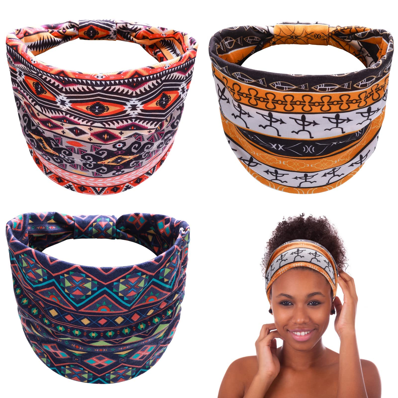 NALACALBoho Headbands for Women Girls, 3 Pieces Elastic Head Wraps Boho Hair Bands Breathable Wide Knot Hair Scarf Fashion Hair Accessories for Sport Workout Running