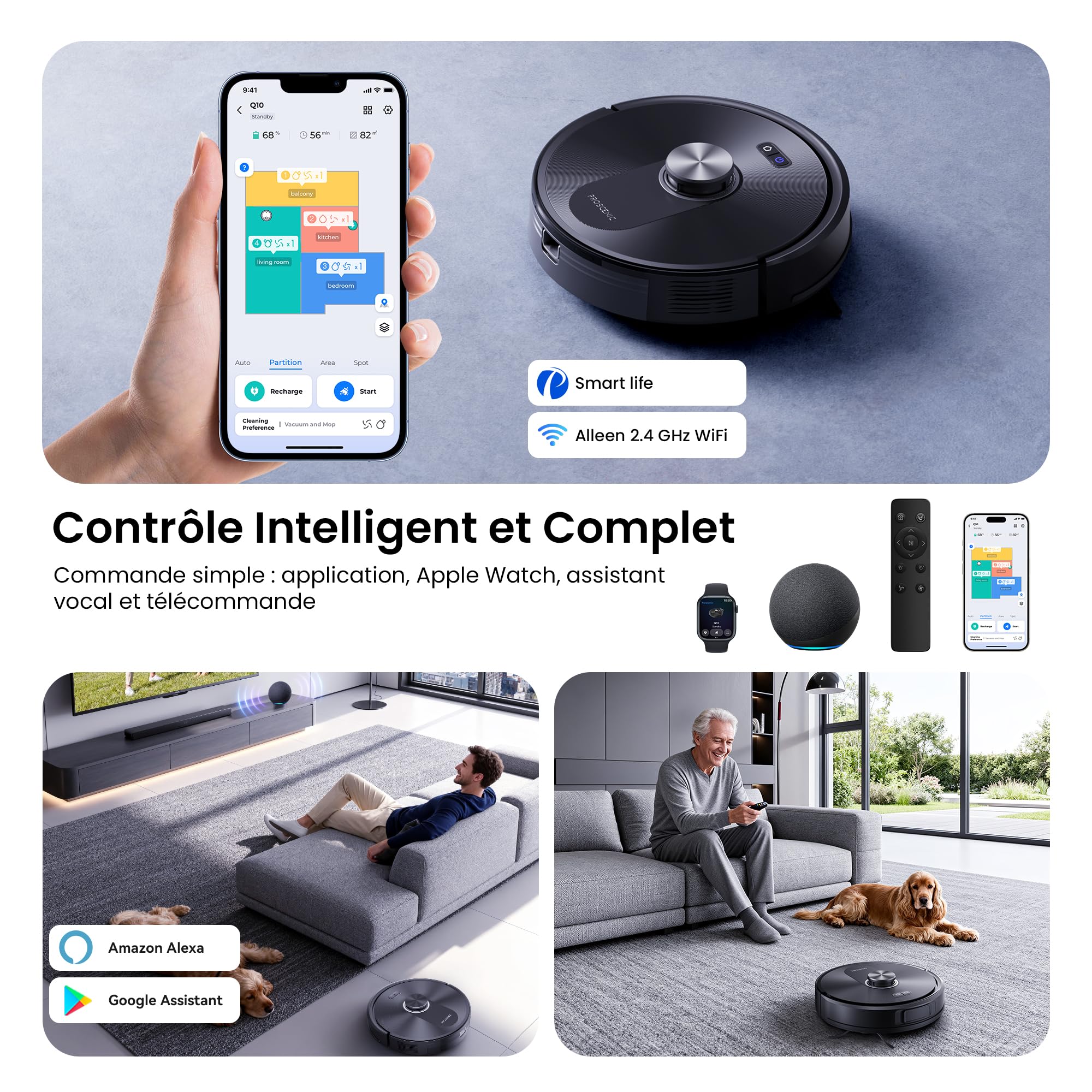 Proscenic Robot Aspirateur Laveur, 10000Pa 200Mins Aspirateur Robot avec Serpillière,Navigation Lidar,Multi-étage Cartographie,Évitement d'obstacles,Silencieux,pour Poils Animaux Tapis Sols Durs