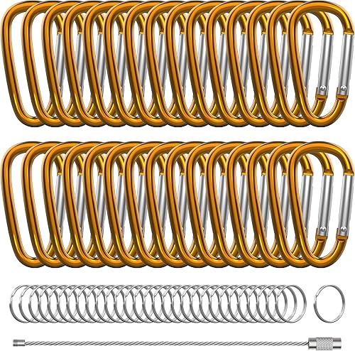 XIECHANEE 30PCS Aluminum Carabiner Clips, 2" D Shape Spring Snap Hooks Carabiner with 30PCS Keyring Keychain Hook