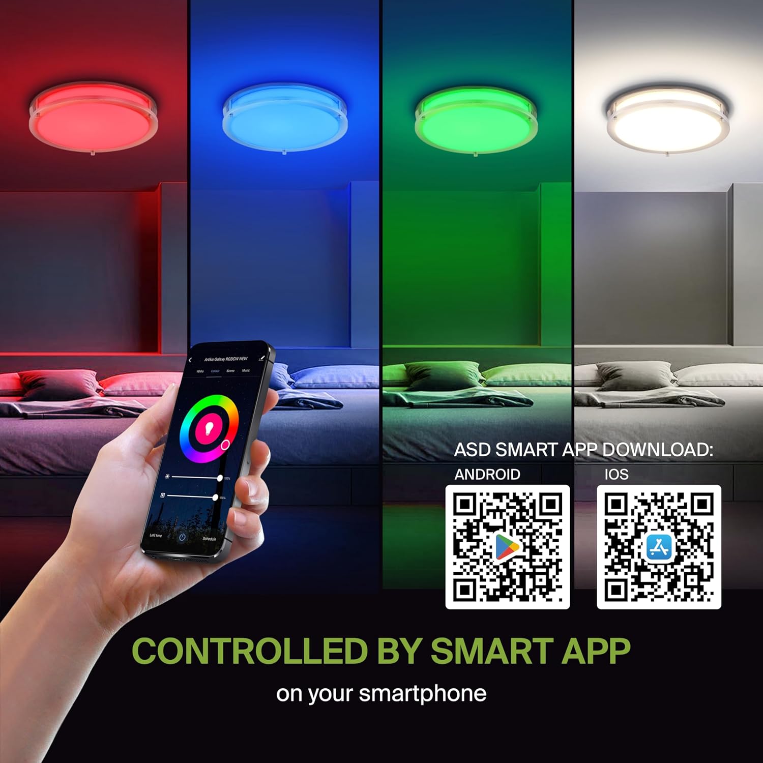 ASD LED 14" Round Flush Mount Lighting, Close to Ceiling Light Fixture | Smart, Multicolor, Dimmable, ETL Listed | 21W 1429LM RGB-2700-6500K 120V | Low Profile Double Ring Lamp | Nickel