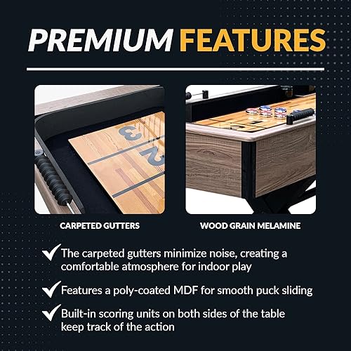 Miniatura 5 de Hathaway Excalibur, mesa de shuffleboard de 9 pies, ideal para salas de juegos familiares, diseñada con un acabado de madera flotante rústica