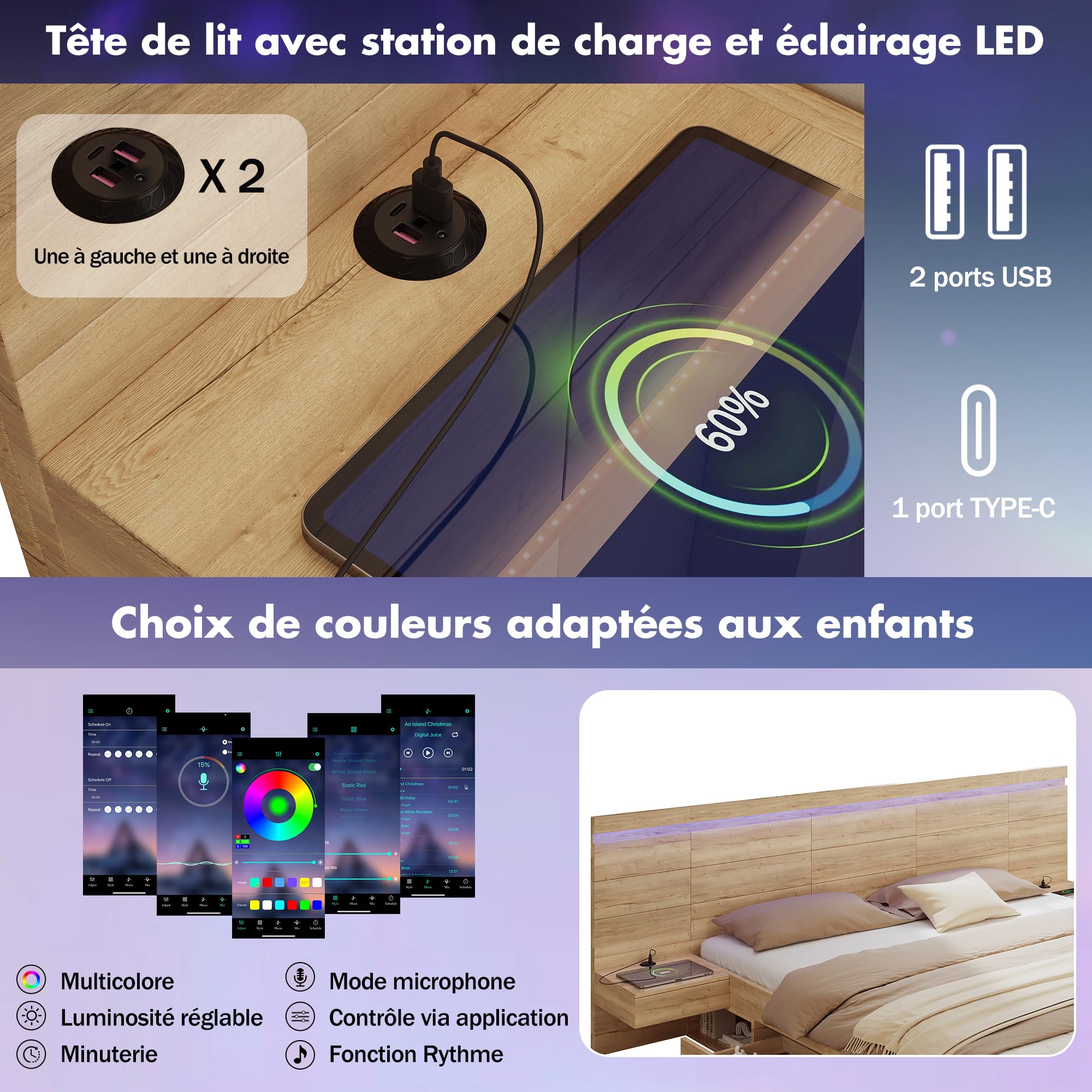 Lit 180x200 cm avec Sommier, Lit Double pour Adulte avec Rangement, Cadre de Lit en Bois avec Tête de Lit LED, 2 Tables de Chevet, Charge USB et USB-C, Style Moderne Finition Naturelle