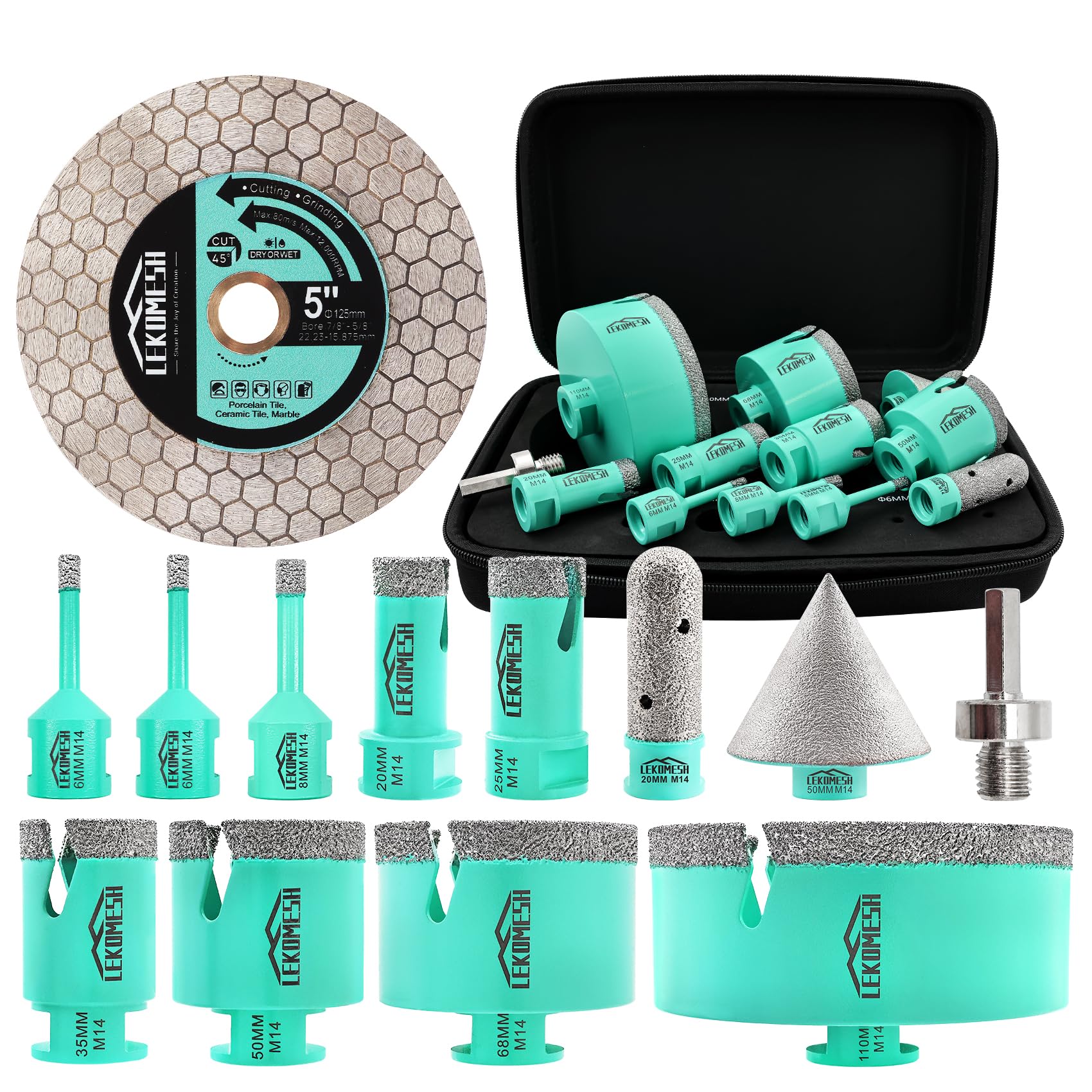 LEKOMESH Tile Hole Cutter Set-(6/6/8/20/25/35/50/68/110mm+20mm Finger Bit+50mm Chamfer Bit+HEX Adapter+ Tile Saw Blade) Diamond Hole Saw Kit for Porcelain M14 Thread