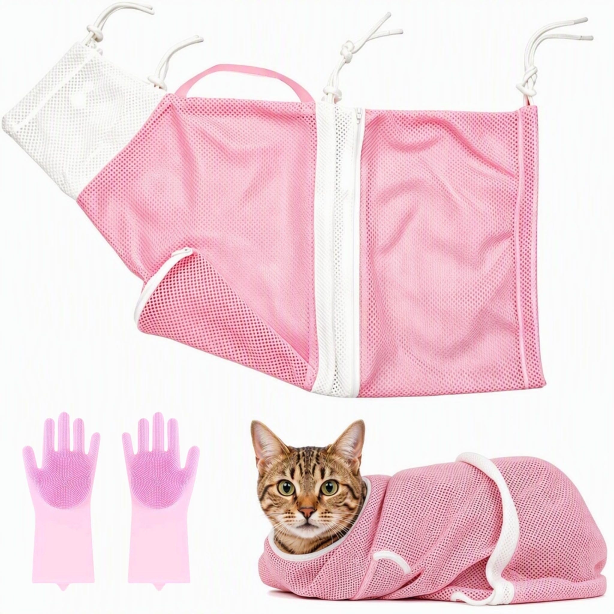 Cat Bathing Bag with Grooming Gloves Pink Polyester Mesh Anti-Scratch Set