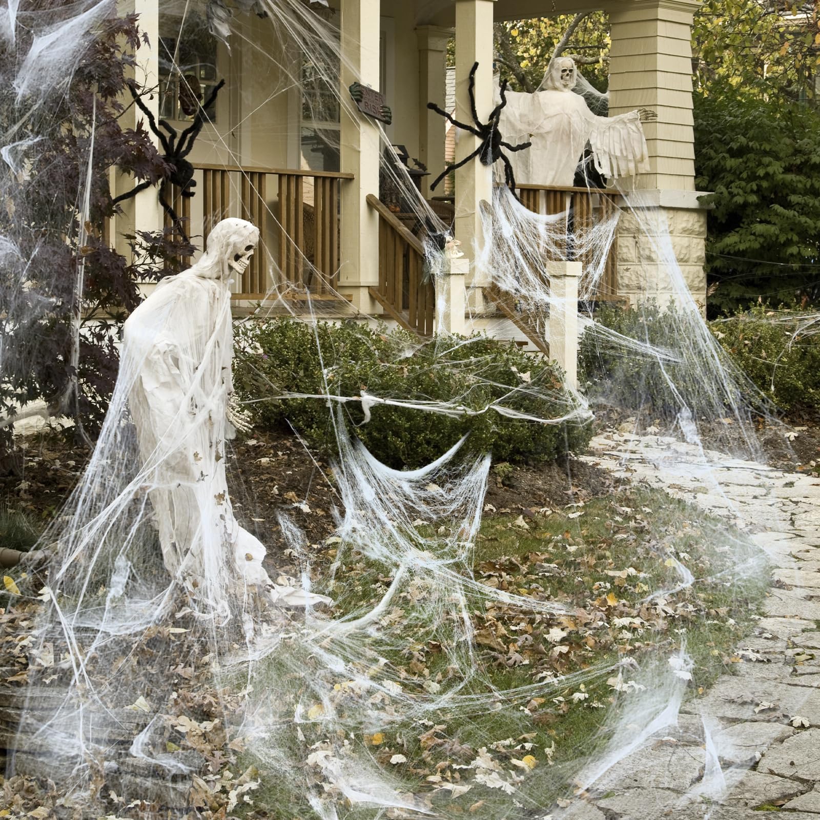Dekoracyjna Pajęczyna na Halloween, 300 g, Biała, Do Użytku Wewnątrz i Na Zewnątrz, z 50 Czarnymi Pająkami z Horroru, 1500 m², Straszna Dekoracja