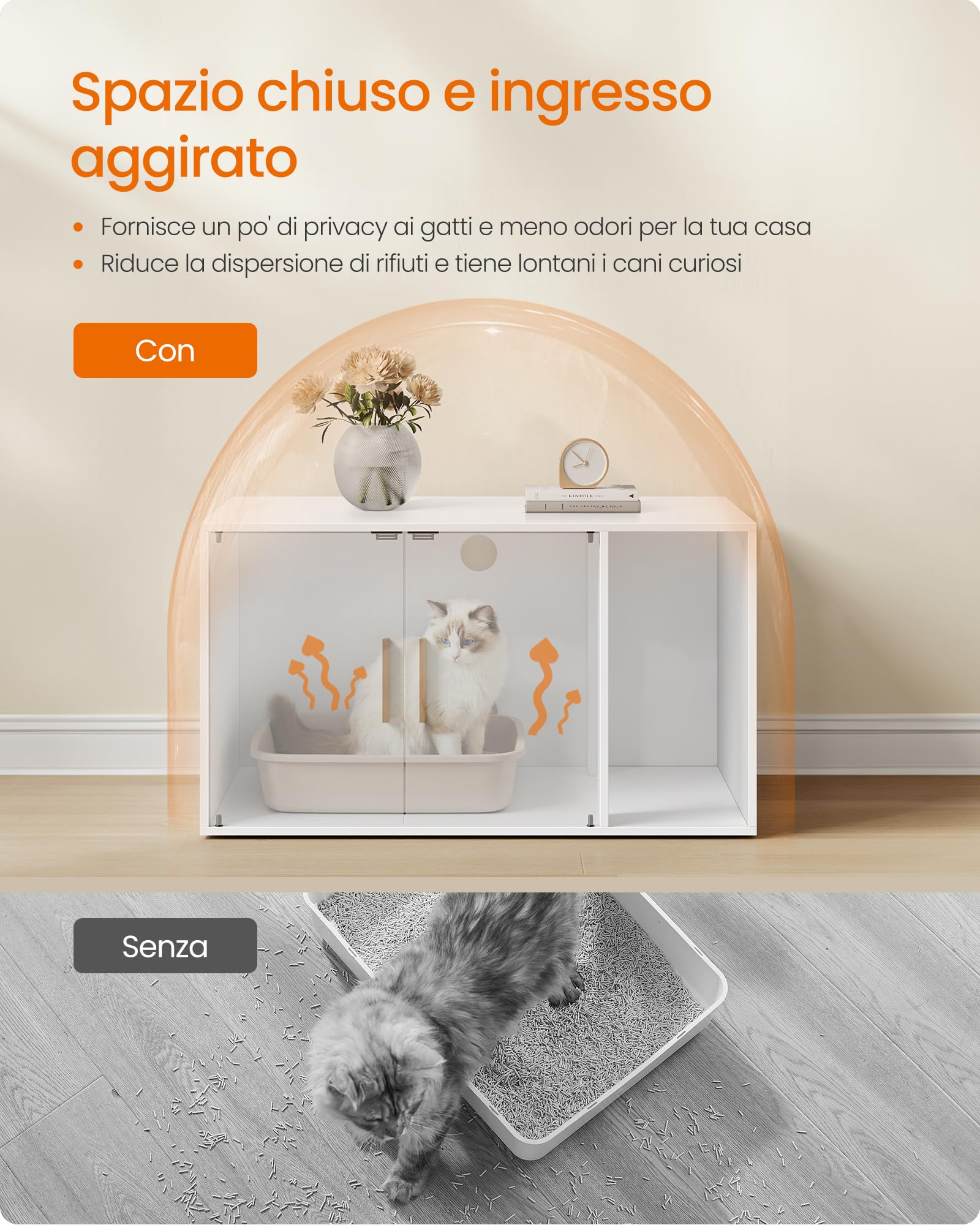 Feandrea Mobile Lettiera per Gatti, Toilette per Gatti Moderna, Ingresso Frontale, Doppie Ante con Maniglie, Utilizzabile come Tavolino, Soggiorno, 80 x 50 x 45 cm, Bianco Opaco PCL020WB02