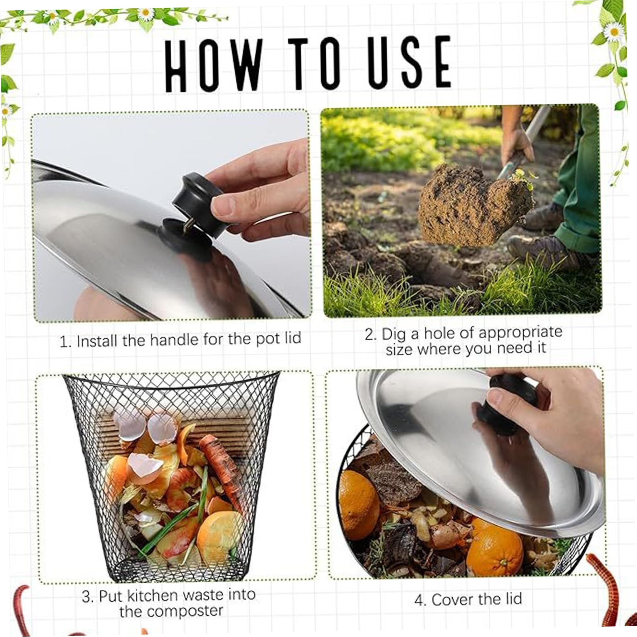 Kit de composteur de vers en Maille métallique avec Couvercle dans Le Sol, idéal pour Le compostage Jardin extérieur, 4 pièces
