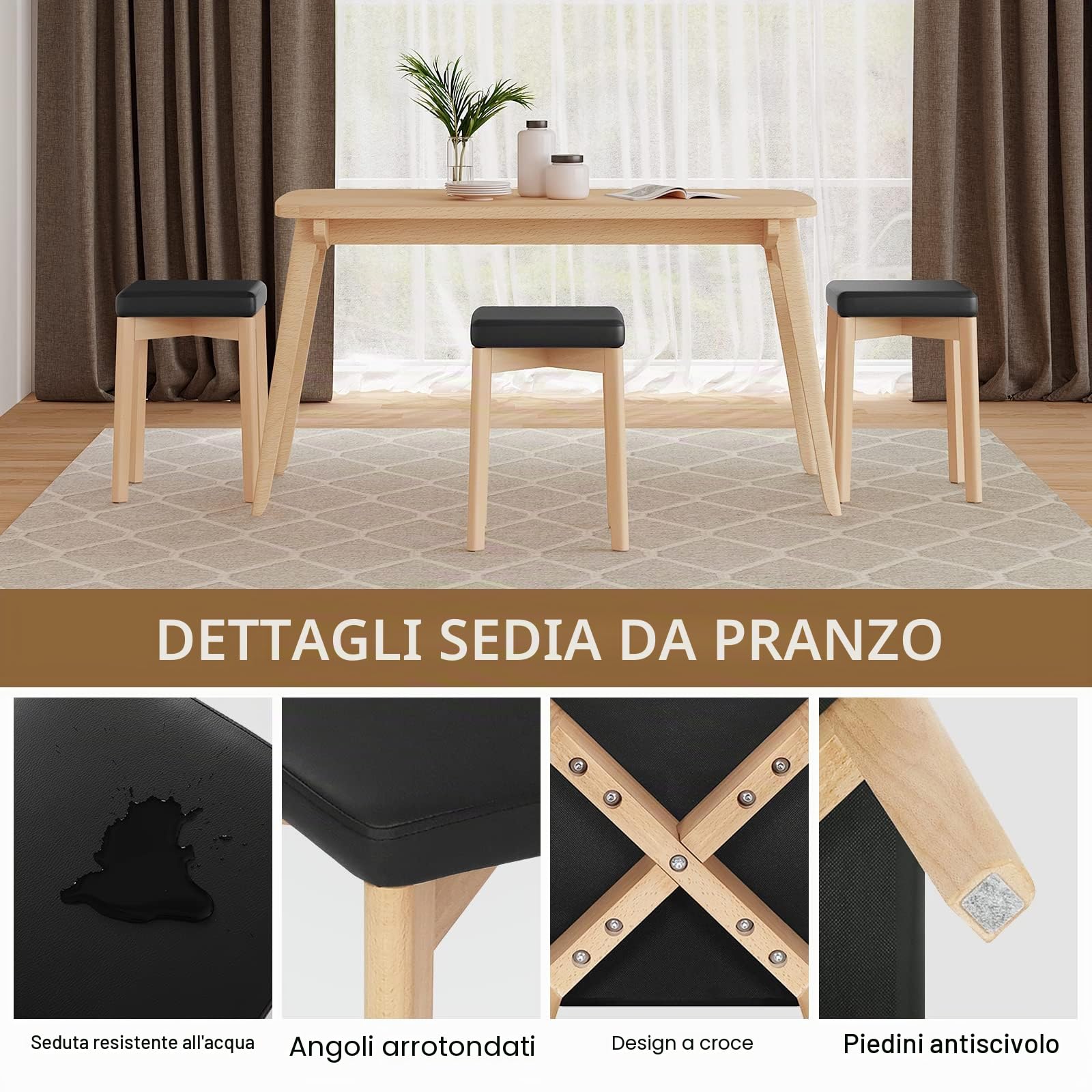 WOLTU Sedie per Sala da Pranzo, Sgabelli in Legno Massiccio con Seduta Imbottita e Rivestita in PU, Sgabelli da Cucina Moderno Salvaspazio, 32,5x32,5x47cm, Colore Legno e Nero