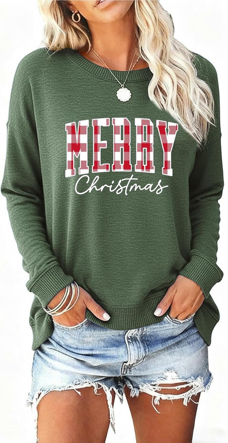 Merry Christmas Sweatshirts for Women: Buffalo Plaid Christmas Sweater Xmas Holiday Long Sleeve Pullover Tops