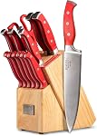 Professionnel 15-Piece Couteau de cuisine allemand en acier inoxydable haute carbone, Ocean Series Ensemble de couteaux de chef de Tang complet forgé de qualité supérieure avec bloc en bois de caoutchouc, rouge