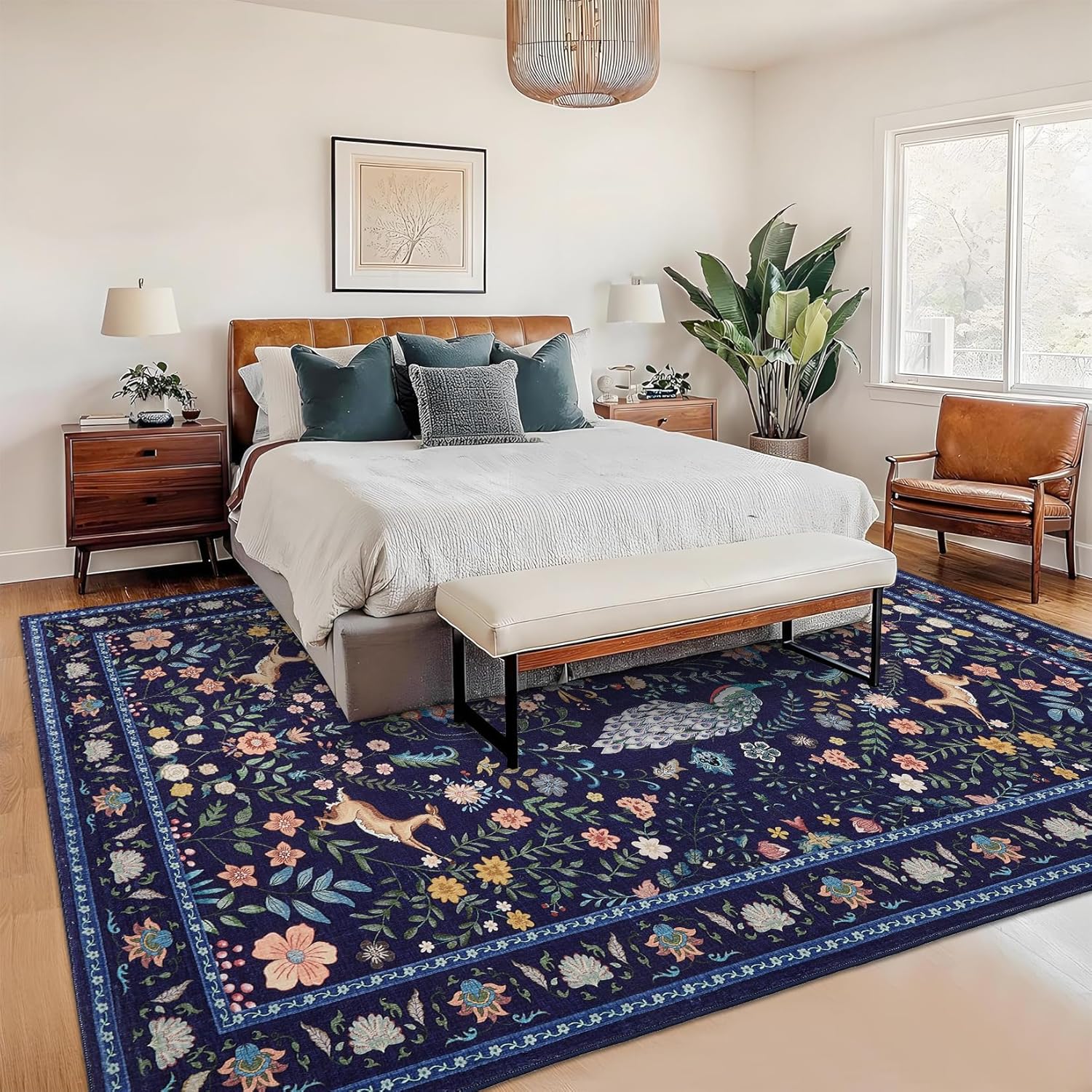 Illustrations showing machine washing, hand washing, robot vacuuming, and regular vacuuming methods for the rug.