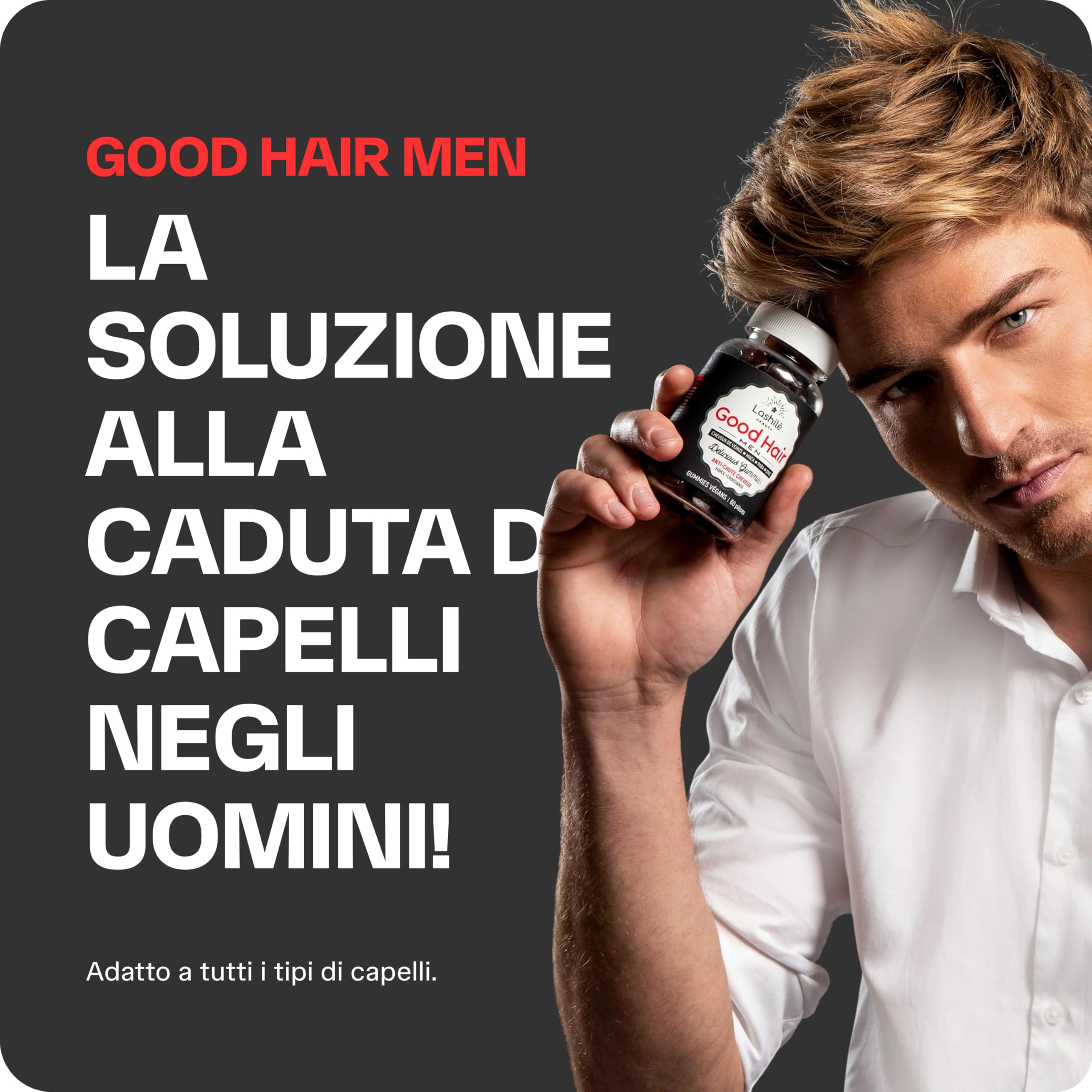 Lashilé Beauty - Integratore alimentare - Anti-caduta capelli e Rinforzo capillare - Crescita e Densità Good Hair Men - Made in France - Zinco Maca Capelvenere - Cura 3 Mesi 180 Gummies