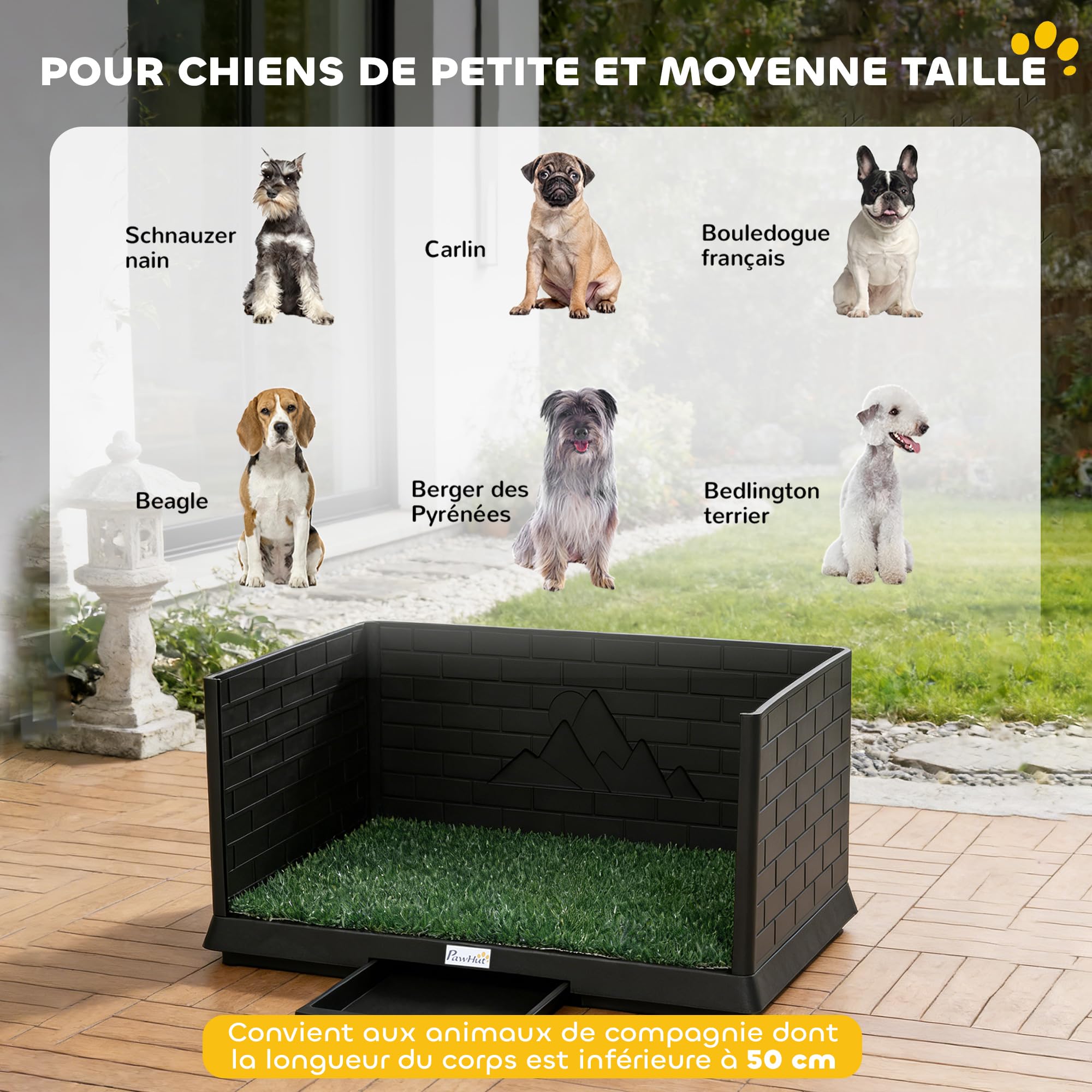 PawHut Toilette pour Chien avec Gazon Artificiel, Parois Hautes et Plateau Coulissant, Bac à Litière pour Chien avec Système de Drainage, 75x51x36,5cm, Noir