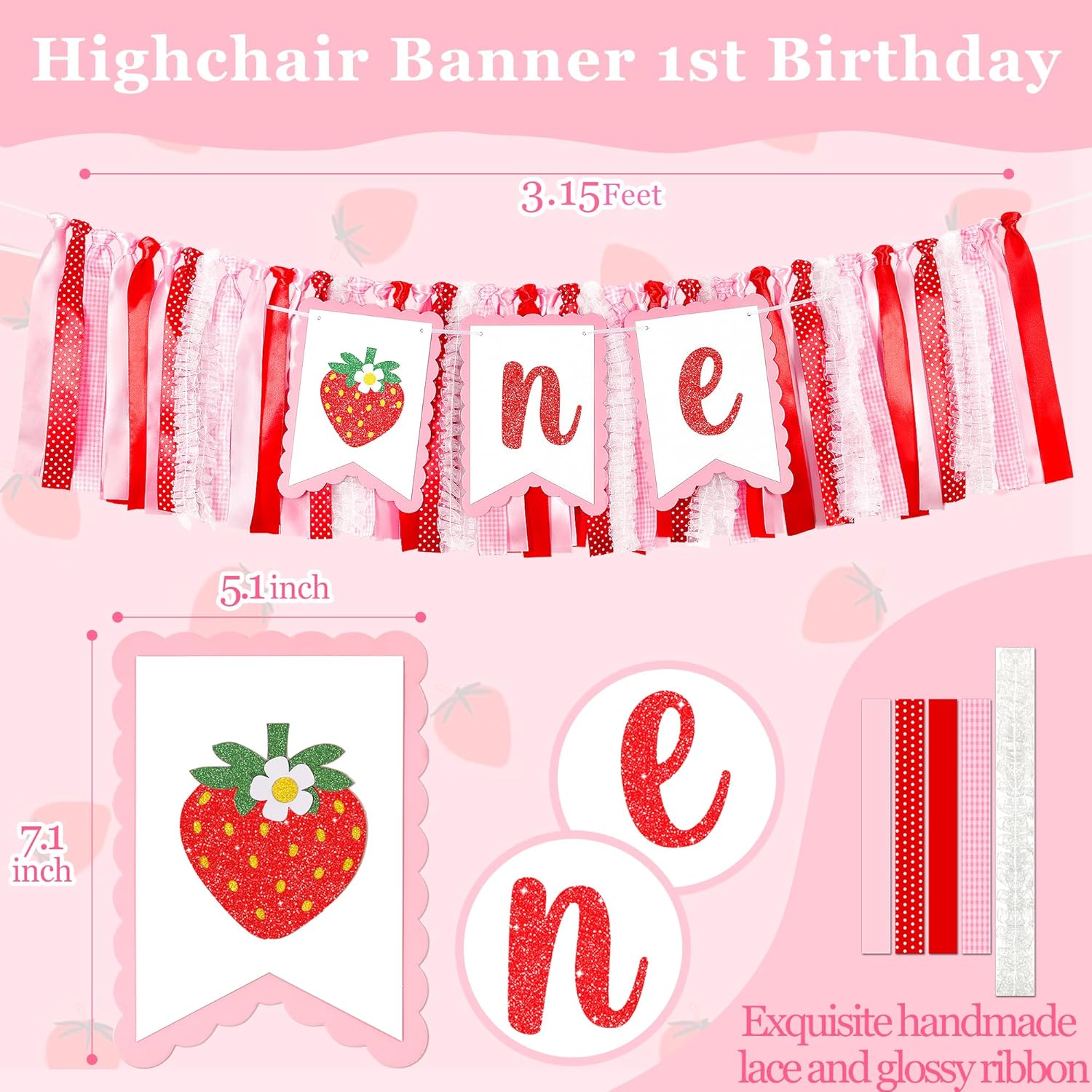 Strawberry First Birthday Decor Set, Including Banner Pom Poms and High Chair Banner
