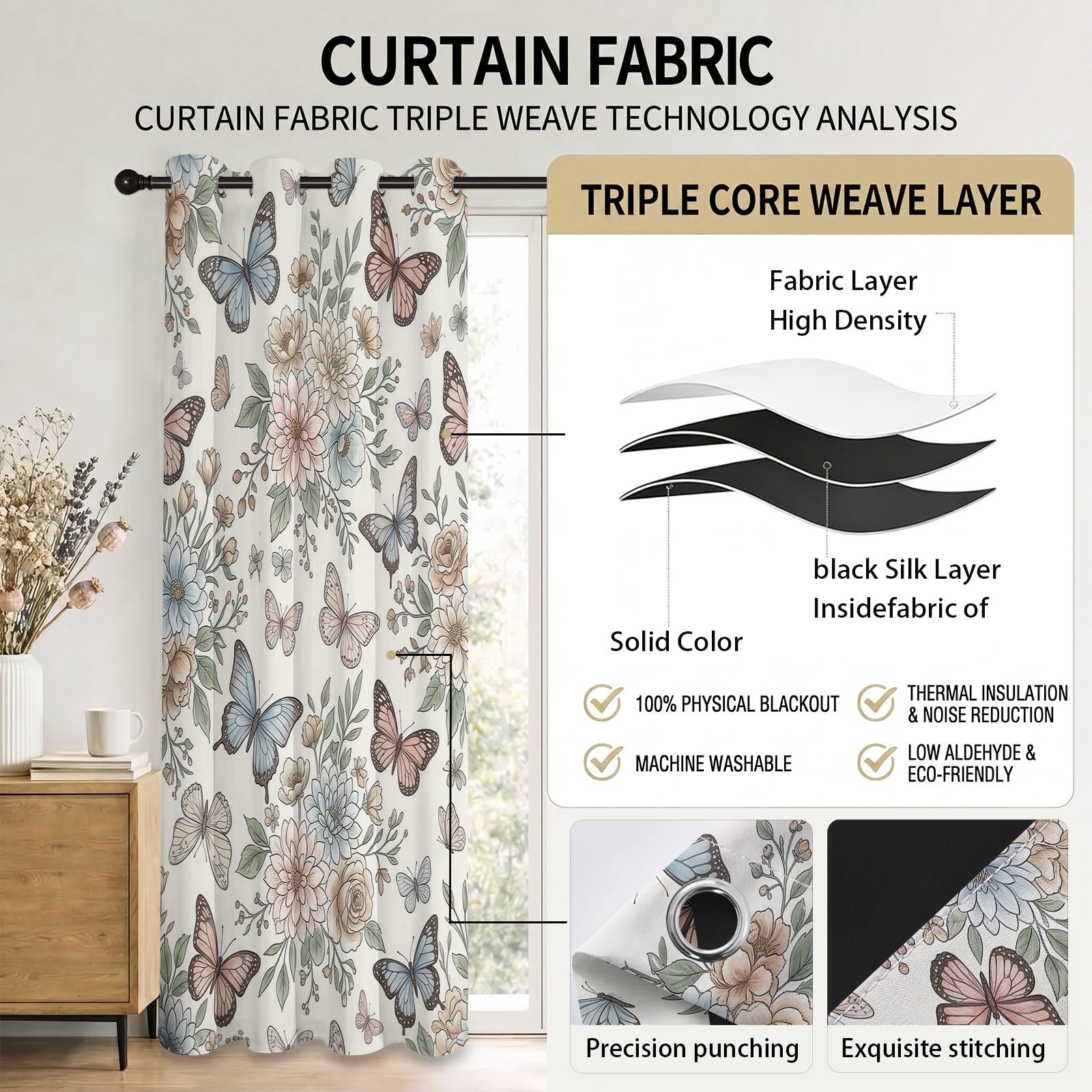 Rideaux Occultants Animal Floral 140L X 260H cm (2 Panneaux), Isolation Thermique Fixation par Oeillets Papillon Rustique & Fleurs Sauvages pour Chambre À Coucher, Rose