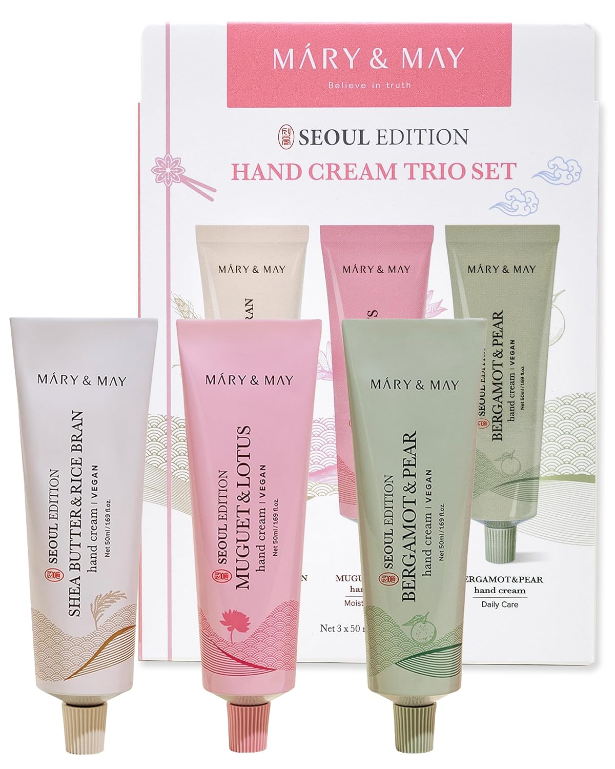 Mary&May SEOUL EDITION Shea Butter & Rice Bran Hand Cream Trio Set - Korean Nourishing Vegan Hand Moisturizer for Soft, Healthy Hands - 3 Different Formula & Scent, 1.69oz. 3ea