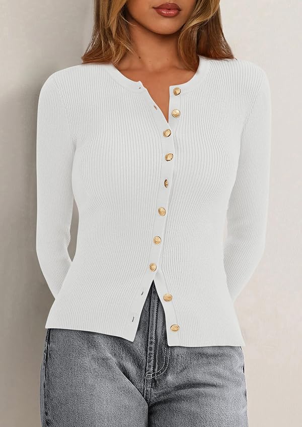 PRETTYGARDEN Womens 2026 Fall Cardigan Sweaters Lightweight Long Sleeve Button up Ribbed Knit Tops Winter Fashion Clothes (White,Medium) by PRETTYGARDEN - Used condition - Image 4