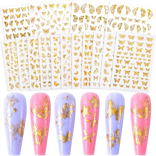 HINZIC 20 hojas de calcomanías autoadhesivas de mariposas láser diseño de uñas de lámina dorada suministros de arte de uñas calcomanías para