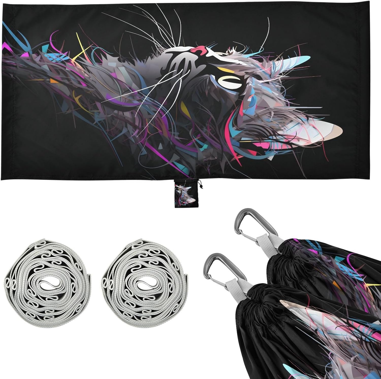 ALAZA Cat Art Painting Camping Hammocks Single or 2 Person 500 lbs Portable Parachute Travel Hammock w/Tree Straps for Hiking Backpacking Indoor Outdoor