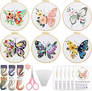 6 Set Butterfly Embroidery Kit Butterfly and Flower Cross Stitch Set Embroidery Kits for Adults with Patterns Instructions Embroidery Hoops Threads Needles Scissor Needle Threader for Beginners