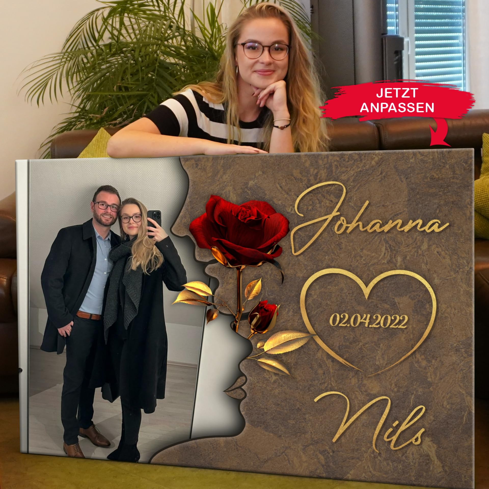 Liebesleinwand Leinwandbild personalisiert mit Foto | Leinwand gestalten mit Foto, Namen und Datum Geschenk für Partner | Liebesgeflüster