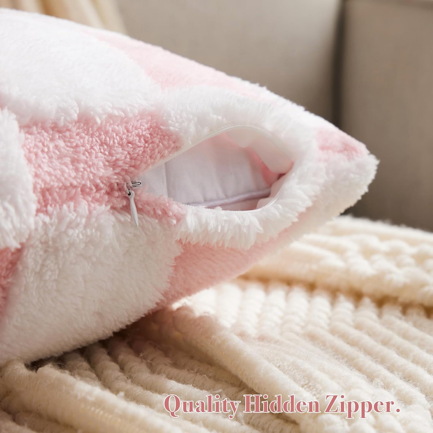 Checkered Jacquard Shag Throw Pillow Covers, Pack of 2 Fluffy Pink Cute Decorative Girly Women Aesthetic Soft Checkered Throw Pillow Cases for Couch Sofa Bedroom,18x18 Inch - Image 2