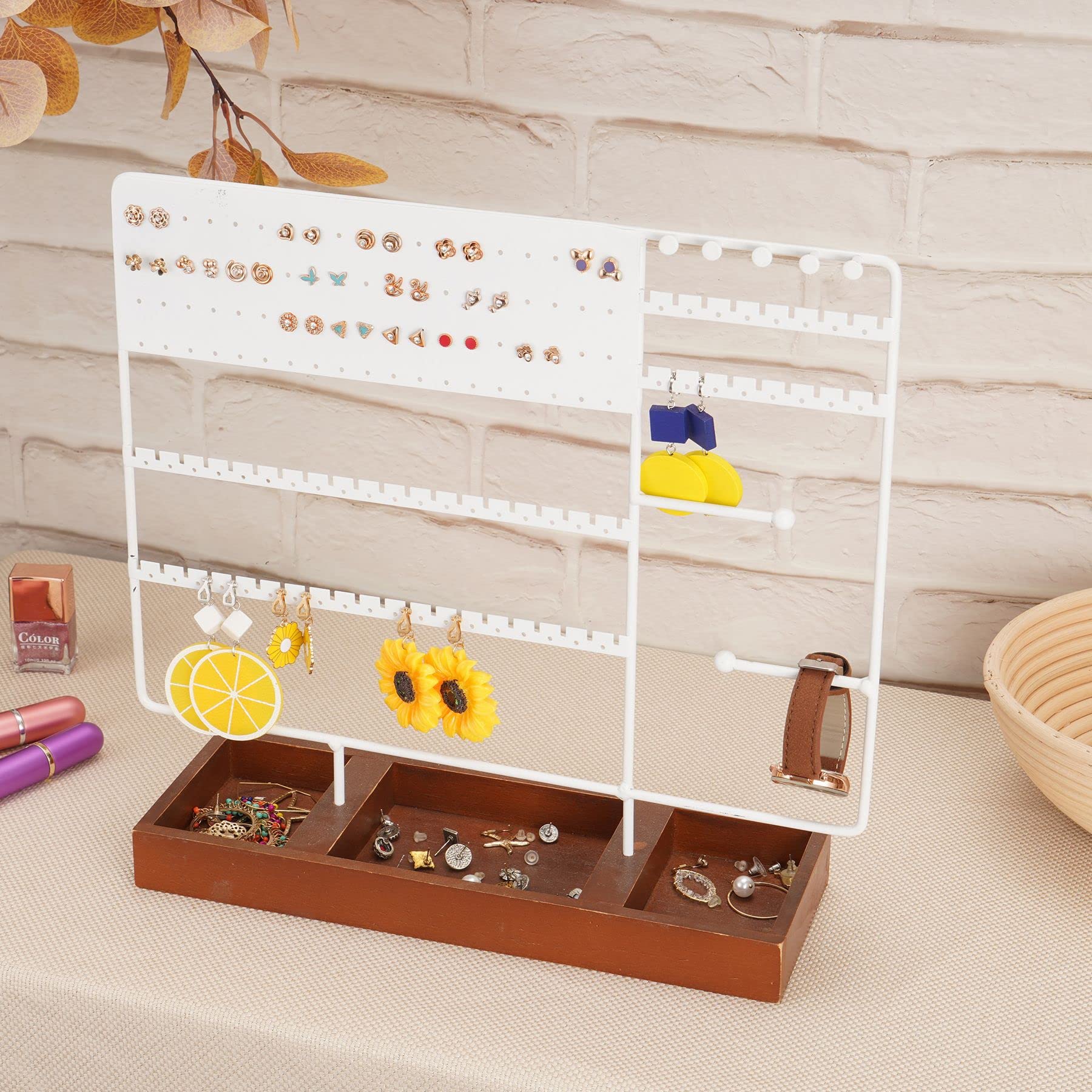 Expositor de Joyas para Pendientes, 130 Agujeros, con Bandeja de Madera para Pendientes, Pulseras y Collares (Color Blanco)