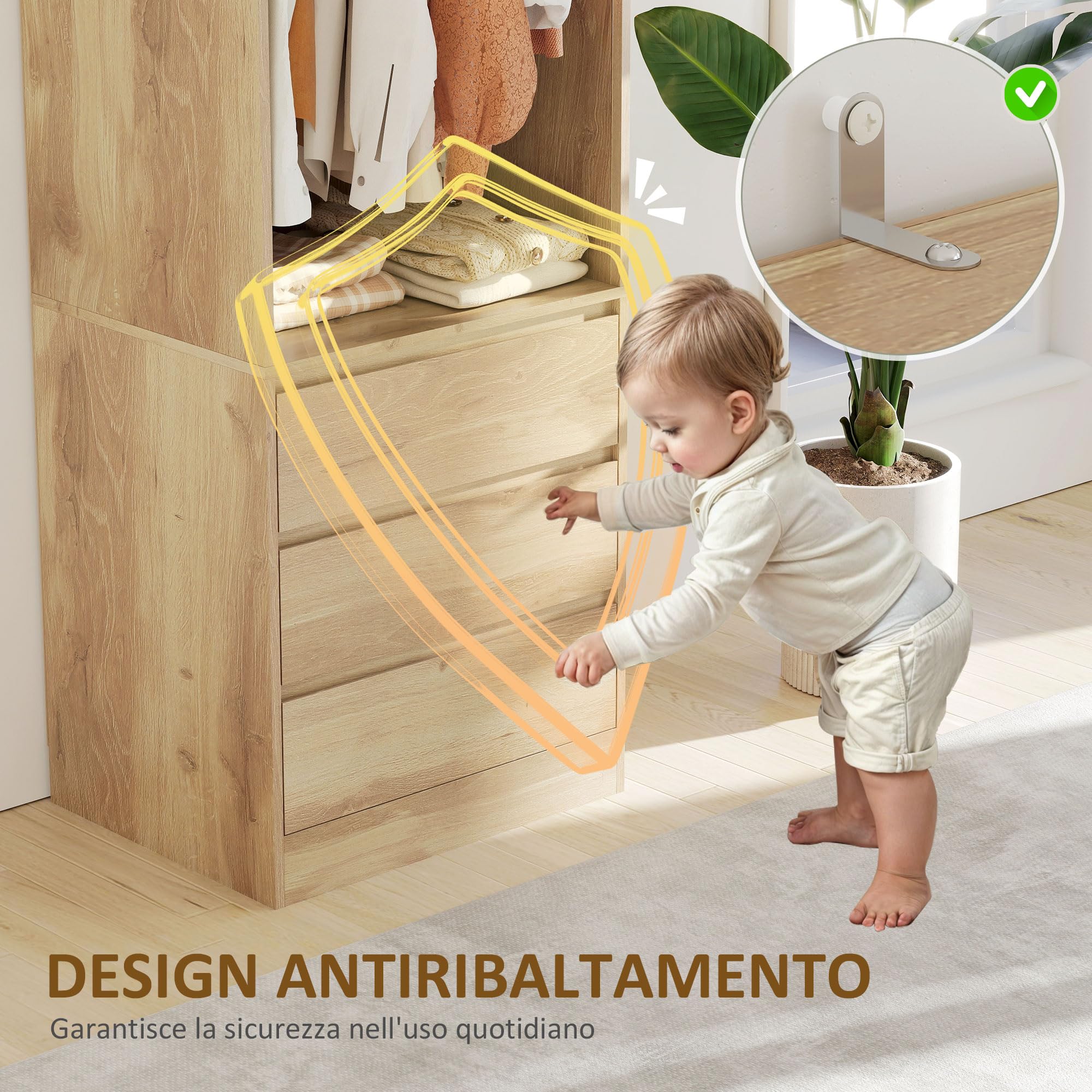 HOMCOM Armadio Guardaroba Salvaspazio con Asta Appendiabiti, Ripiano Aperto e 3 Cassetti, Armadio Camera da Letto, Mobile Guardaroba, 60x48.5x185 cm, Color Teak