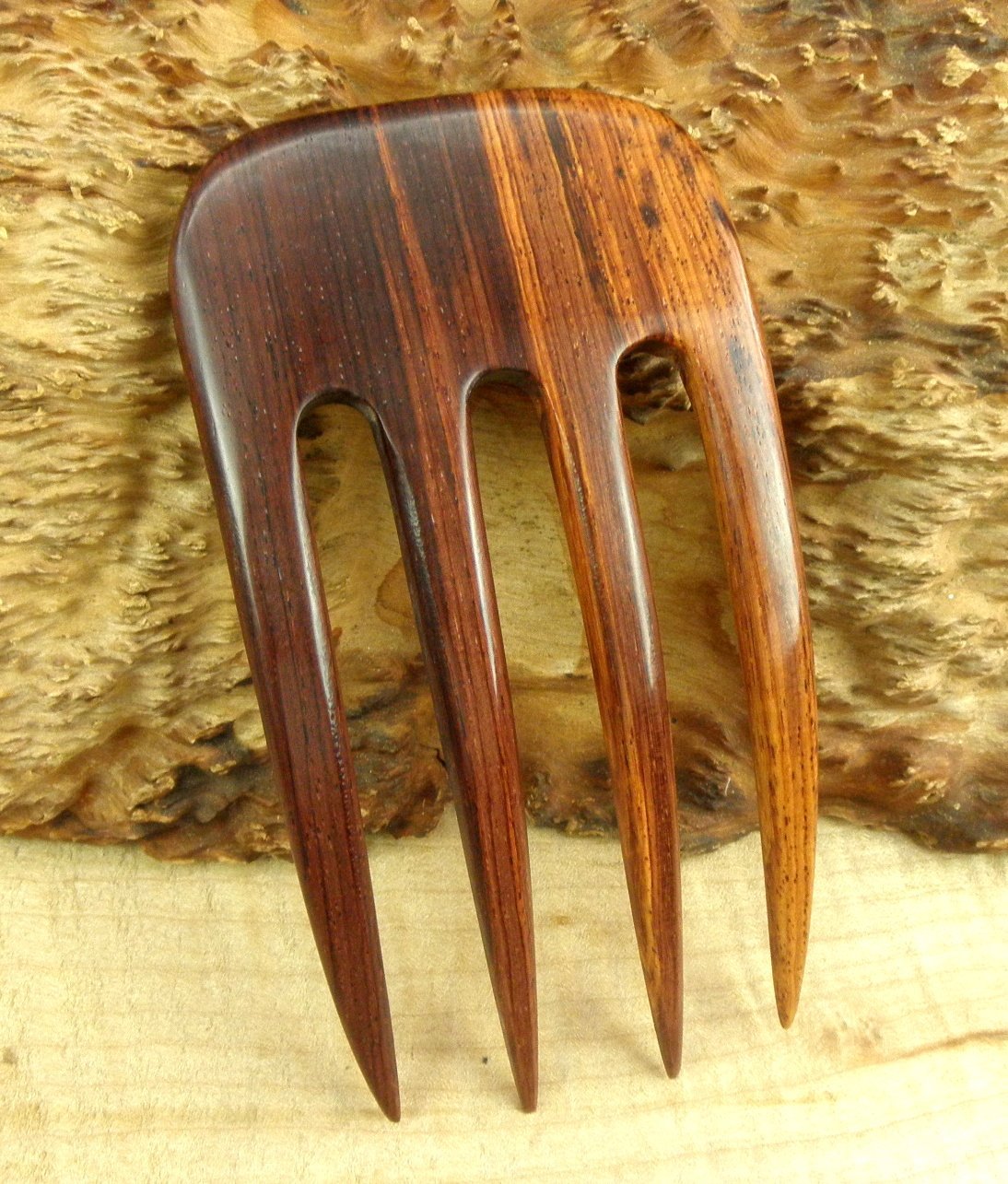 JWL (1) Laos Rosewood Four Prong Curved 5 Inch Hair Stick Pick Pic Pin Fork - Hawaiian Style