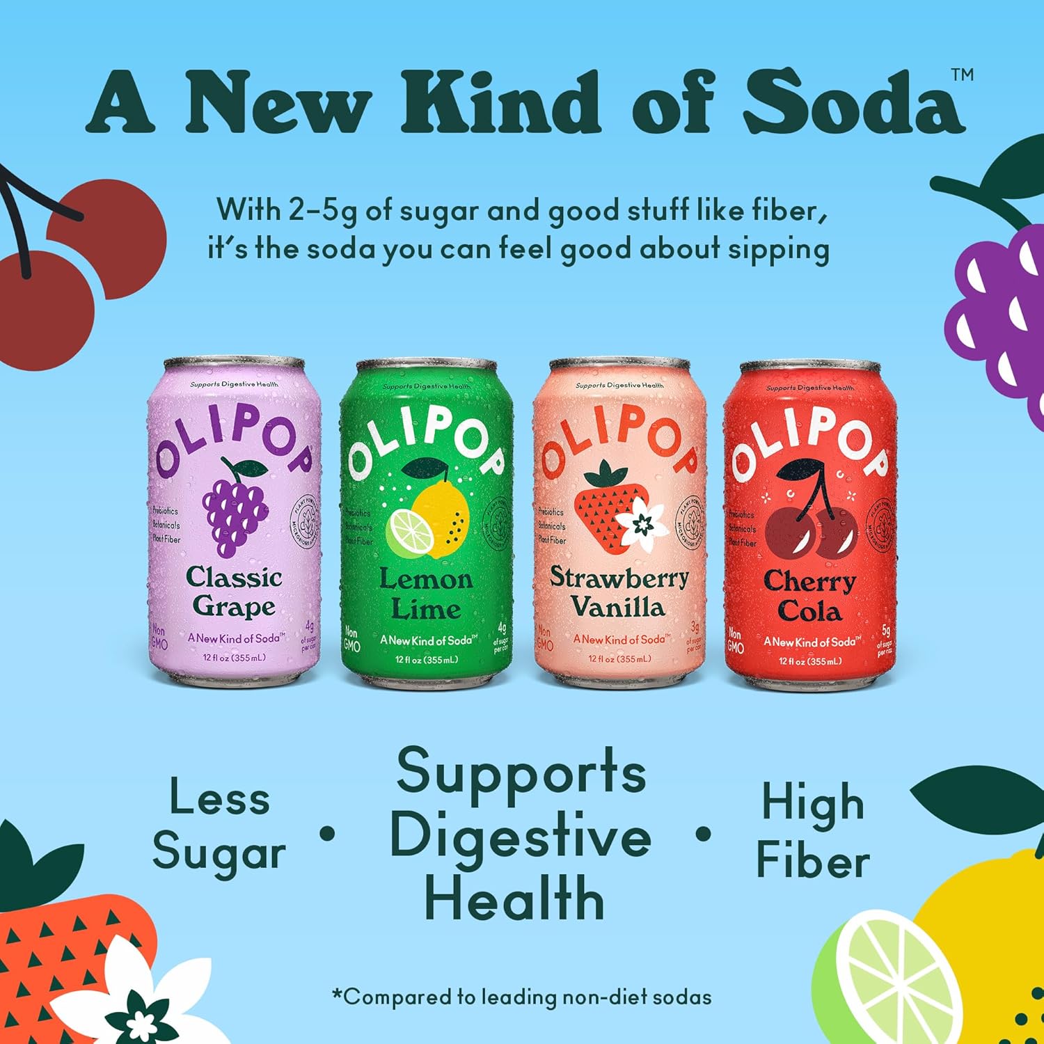 OLIPOP Prebiotic Soda Pop,Fruity Fun Variety,Pantry Pack Packed with Prebiotics,Fiber,and Botanicals,Gluten Free,Vegan,GMO Free,12oz,(Pack of 24)
