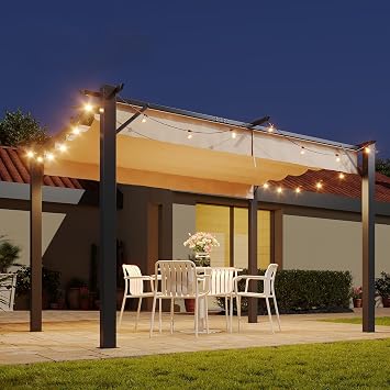 Aoxun 10'x12' Heavy Duty Retractable Pergola, Sturdy Metal Frame with Adjustable Sun Shade Canopy, Modern Outdoor Patio Shade for Backyard & Garden
