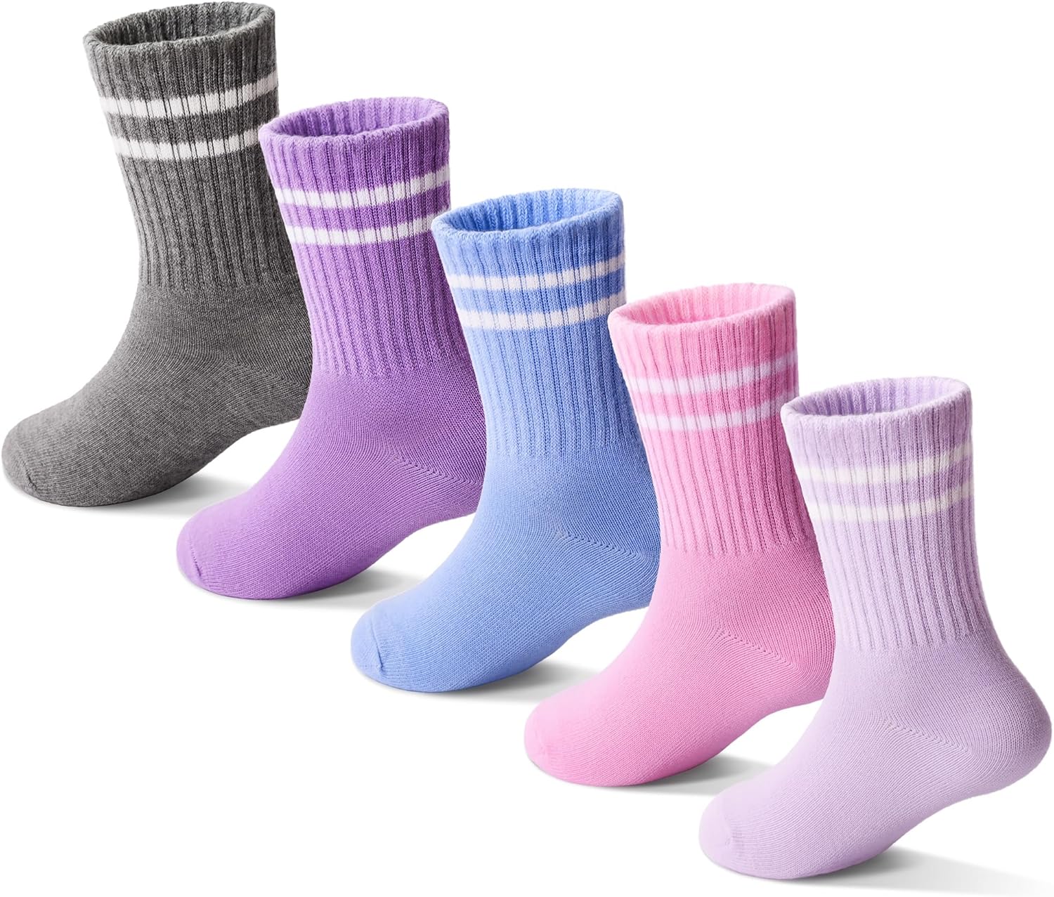Girls Socks Kids Cotton Socks Pink Crew Athletic Socks with Hearts & Stripes 5 Pairs