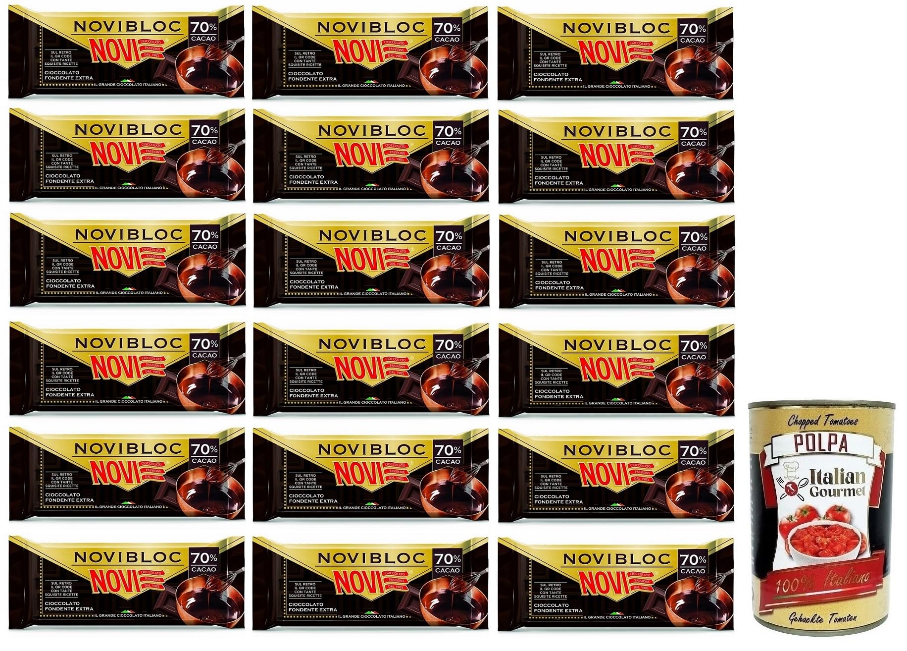 Novi Novibloc Cioccolato Fondente - Lote de 18 pizarras extra de chocolate negro 70% cacao 140 g + lata italiana gourmet Polpa di Pomodoro de 400 g | Extra amaro; cacao intenso, piezas sólidas para hornear, dividir o como, peso neto total 2,52 kg + Polpa
