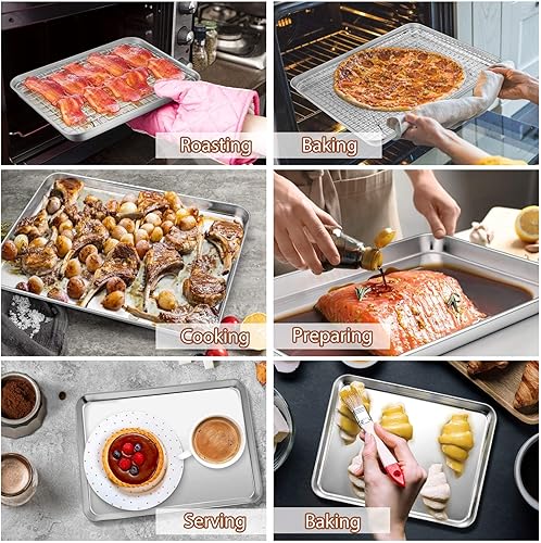 Miniatura 4 de P&P CHEF Juego de bandeja y estante para hornear de 16 + 10.4 pulgadas, bandejas de acero inoxidable para hornear con estantes de refrigeración para