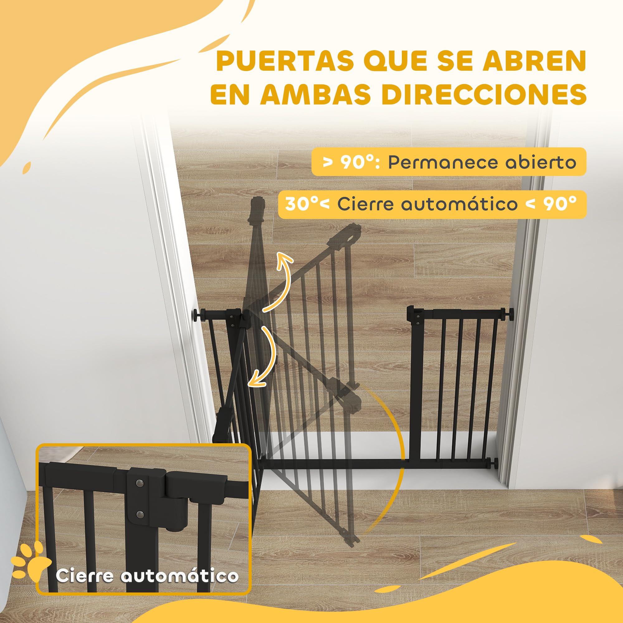 PawHut Barrera de Seguridad para Perros Extensible 74-94 cm Negro | para Puertas y Escaleras, Cierre Automático, Montaje a Presión, Doble Bloqueo, 3 Extensiones 17,5/20,3/30,5 cm