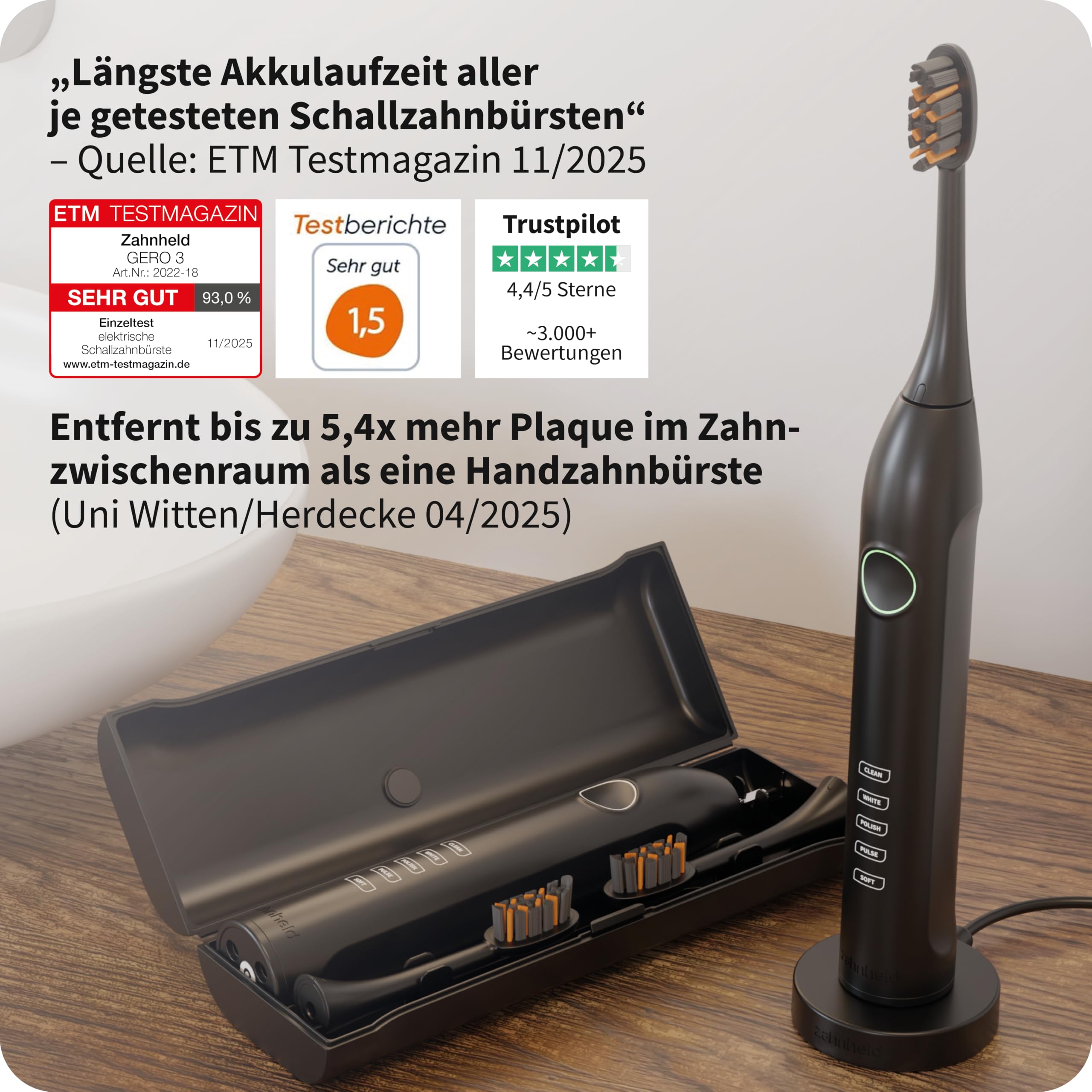 Zahnheld Gero 3 Schallzahnbürste, ETM Test SEHR GUT 93%, IPX7, Schwarz | Elektrische Zahnbürste, bis zu 110 Tage Akkulaufzeit, 5 Modi, Andrucksensor & Timer, inkl. Bürstenkopf & Reiseetui