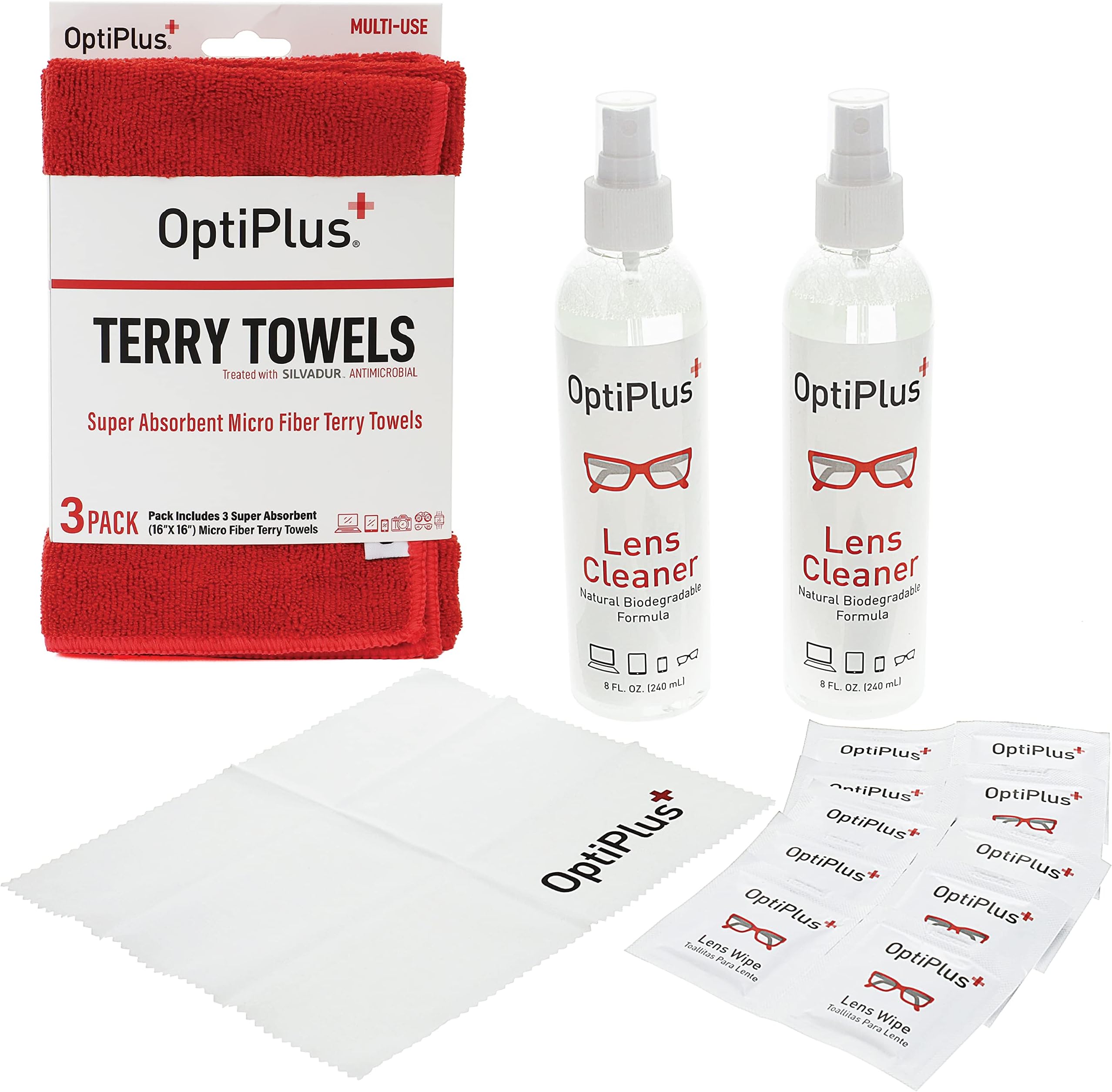 OptiPlus 16oz All Natural Lens and Screen Cleaning Pack, Lens Wipes, Microfiber Cloth and 16 x 16 Microfiber Terry Towel 3 Pack (Red)