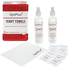 OptiPlus 16oz All Natural Lens and Screen Cleaning Pack, Lens Wipes, Microfiber Cloth and 16 x 16 Microfiber Terry Towel 3 Pack Red