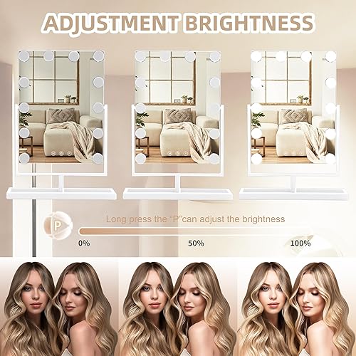Miniatura 3 de Espejo de tocador con luces, 12 bombillas LED regulables, espejo Hollywood desmontable, 10 aumentos, control táctil, espejo de maquillaje recargable