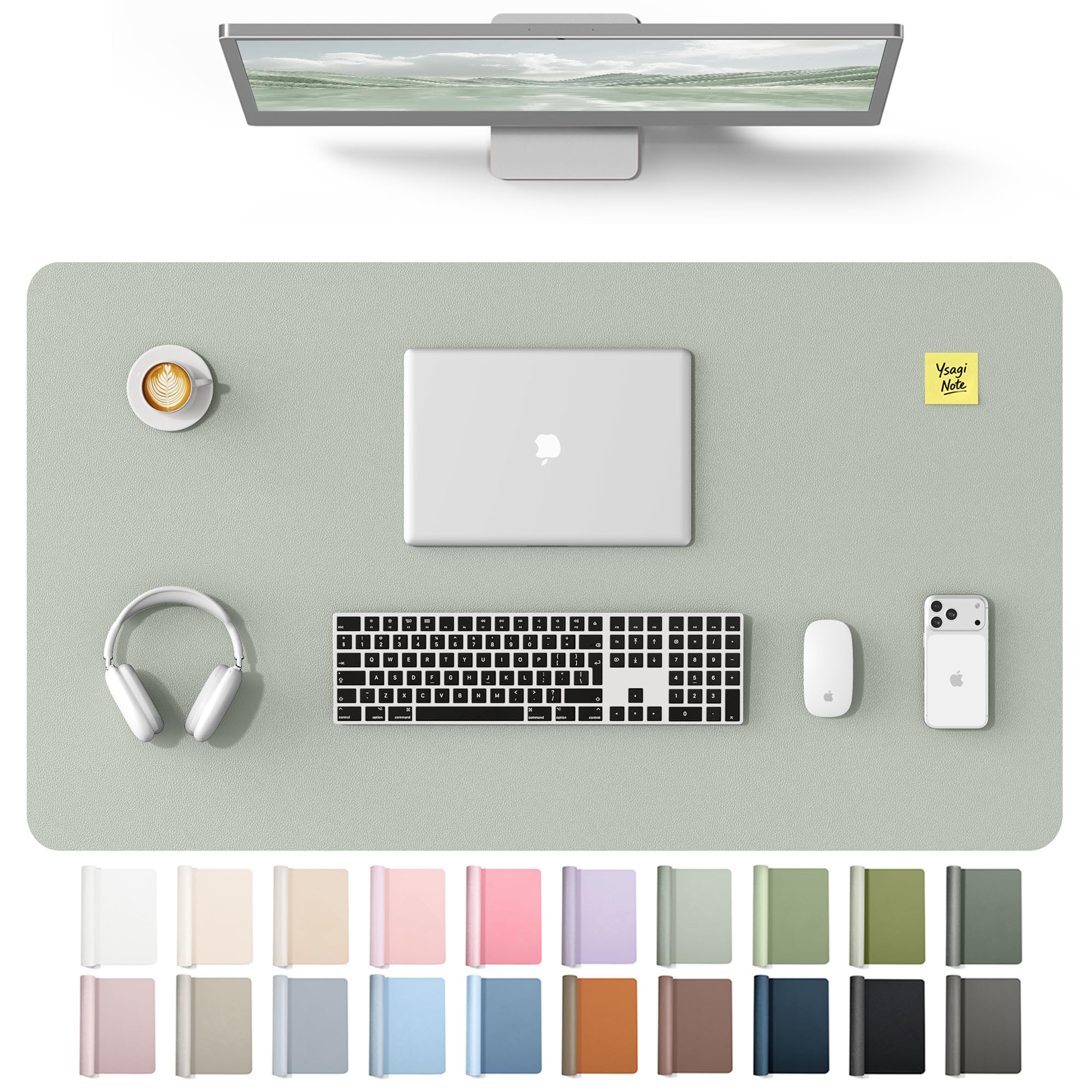 YSAGi Leather Desk Protector, Office Mat, Large Mouse Mat, Non-Slip PU Leather Blotter, Laptop Desk Mat, Waterproof Writing Pad for Office and Home(Grayish Green, 40" x 24")