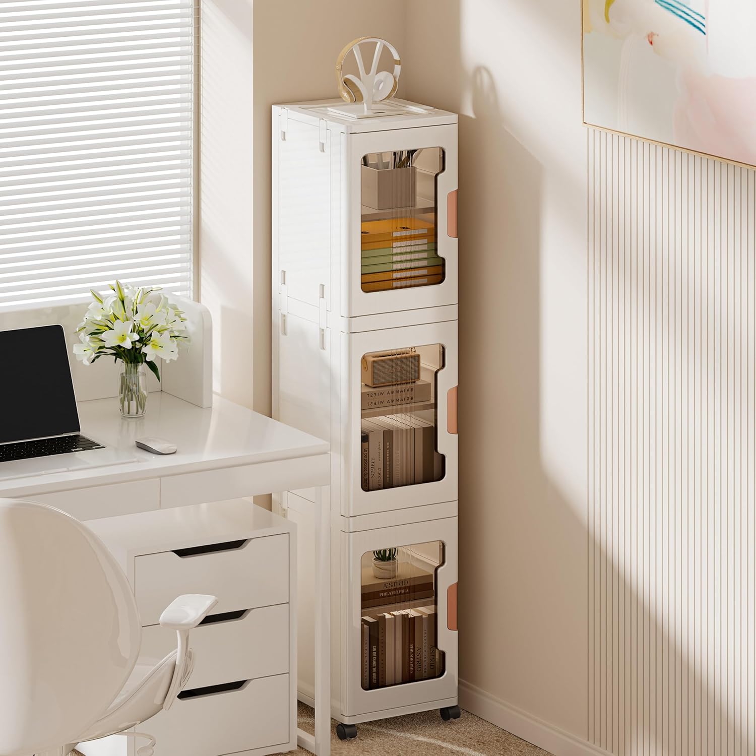 4-Tier Slim Tall Bathroom Storage Cabinet，Narrow Bathroom Storage Cabinet with Transparent Doors and Shelves, Suitable for Small Spaces, Bathrooms, Kitchens, Laundry Rooms,White (9.8x11.4x62.9)