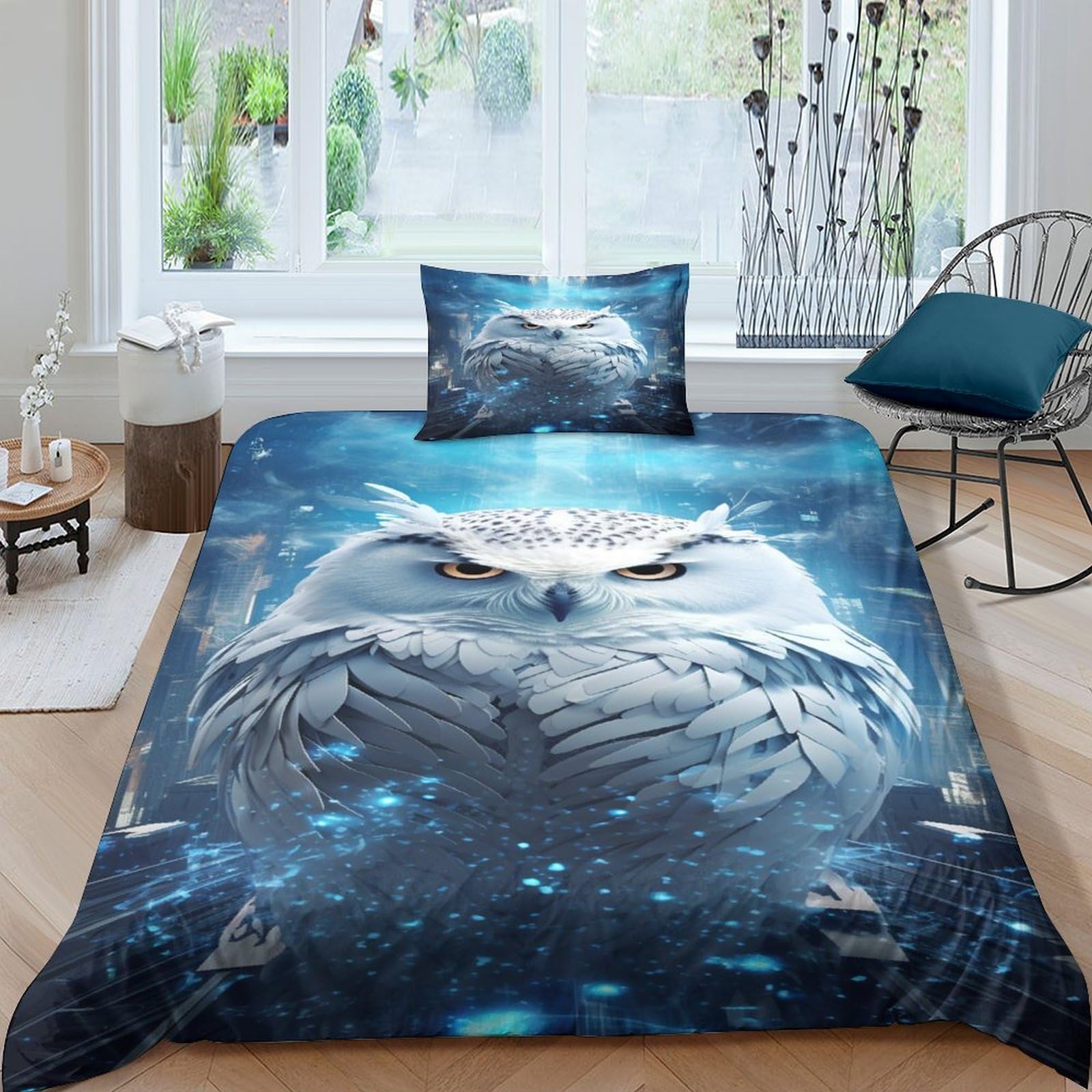 Housse de couette hibou 3D technologie parure de lit 3 pièces 135x200