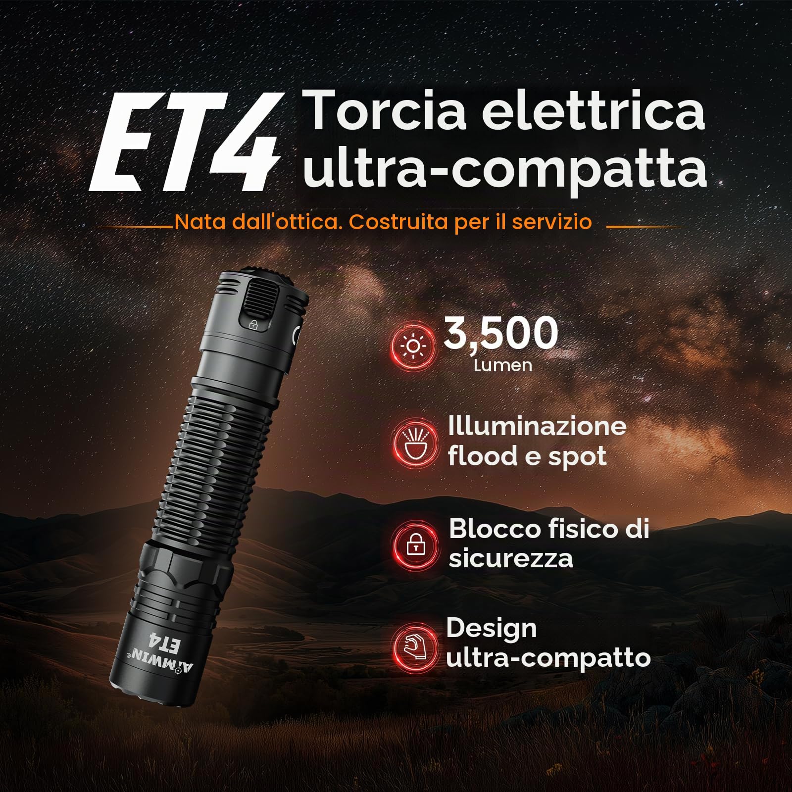 AIMWIN Torcia Elettrica Ricaricabile Tattica ET4 EDC 3500 Lumen Portata 380m 4 Livelli di Luminosità Modalità Search/Turbo Istantanee Pulsante Posteriore USB-C Ricarica Rapida Torcia Compatta